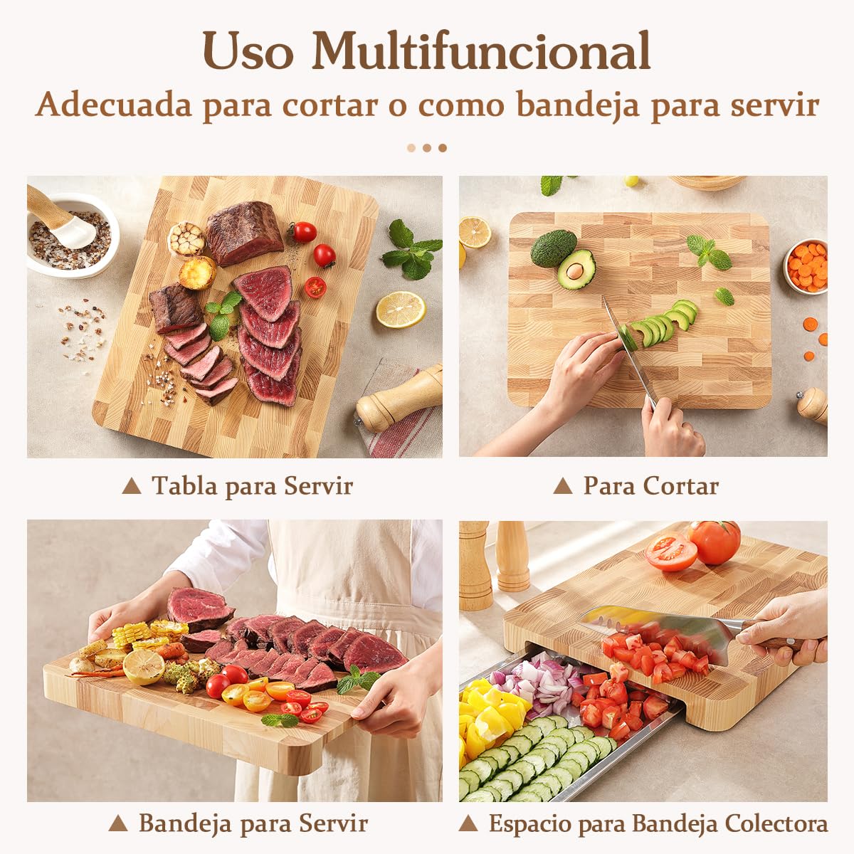 HEZHEN Tablas de Cortar de Madera de Fresno, Madera Bandeja para Servir De Grano Final, Tabla de Picar Tabla para Servir avec Mango Incorporada y Patas Antideslizantes, Espacio para Bandeja Colectora
