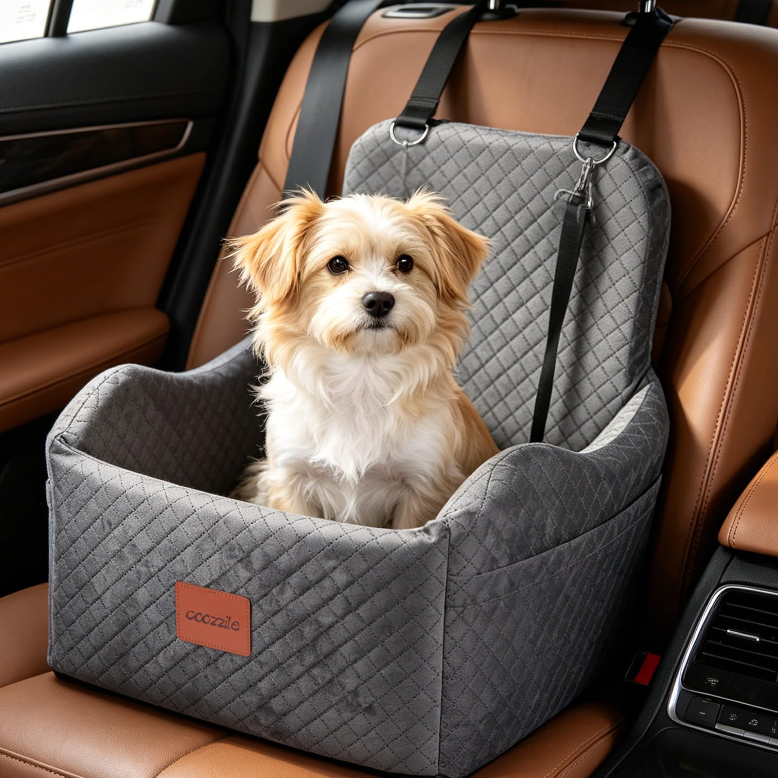 Dog Car Seat Booster Seat, Thick Padded Dog Bed for Small/Medium Under 35lbs Detachable Washable, with Storage Pockets & Safety Belt (Grey)