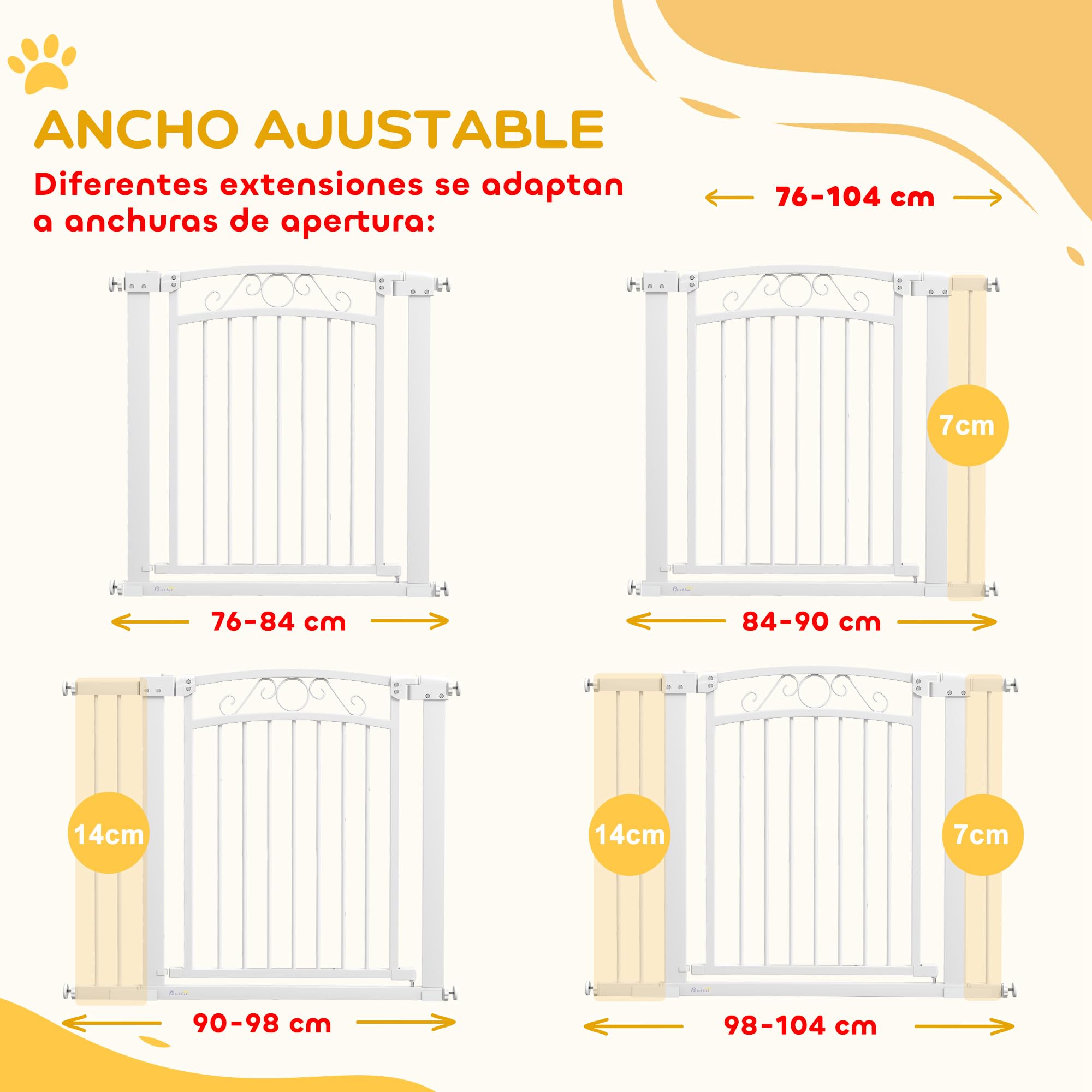 PawHut Barrera para Perros con Cierre Automático, Puerta para Perros 76-104 cm, Barrera de Seguridad con 2 Extensiones 7/14 cm, Fácil Montaje, Doble Bloqueo, para Escaleras y Puertas, Blanco