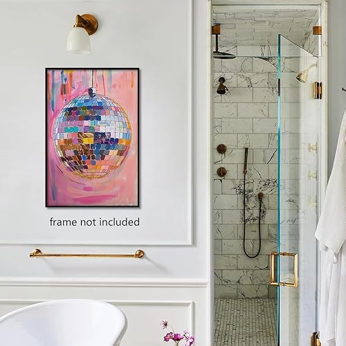 Miniatura 3 de Lienzo de bola de discoteca rosa suave de moda, arte de pared, diseño de bola de espejo plateada con textura de bola de espejo maximalista,