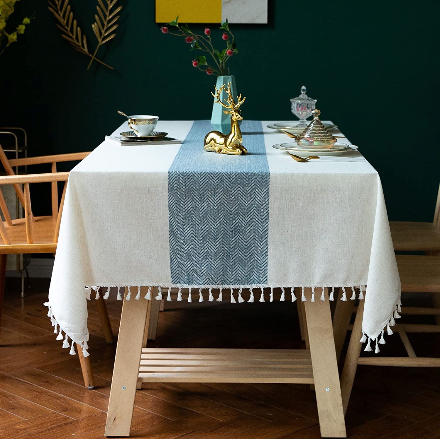 urban space sicilia table linen collection - premium water & stain resistant dining table cover for 6 seater, anti skid table cloth for center table, 1 piece (mid blue, 6 seater 52" x 92")