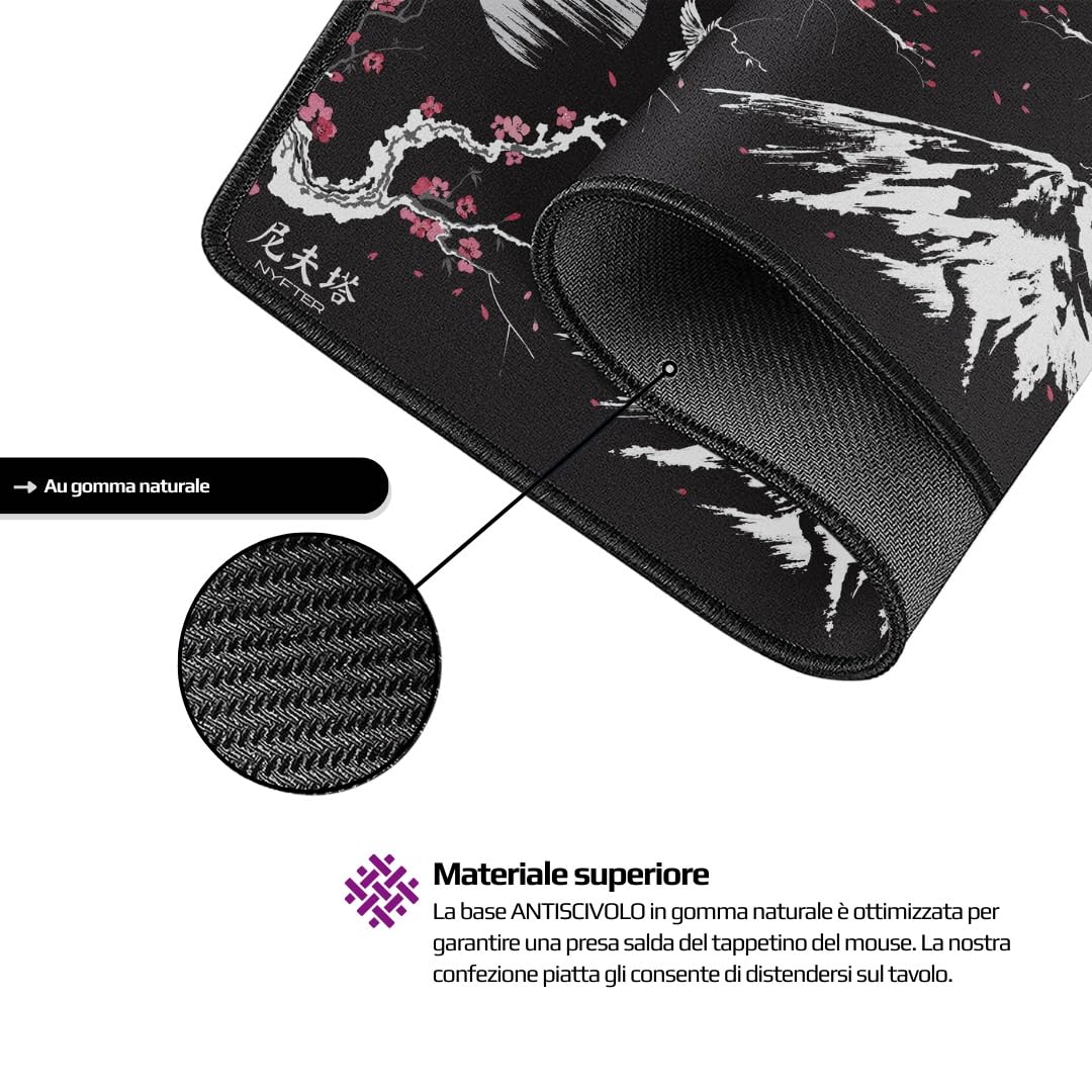 Nyfter Tappetino per mouse da gioco XXL, Sakura, nero, 900 x 500 mm, di alta qualità, con bordi cuciti grandi, durevole, con scorrevolezza di alta qualità e antiscivolo
