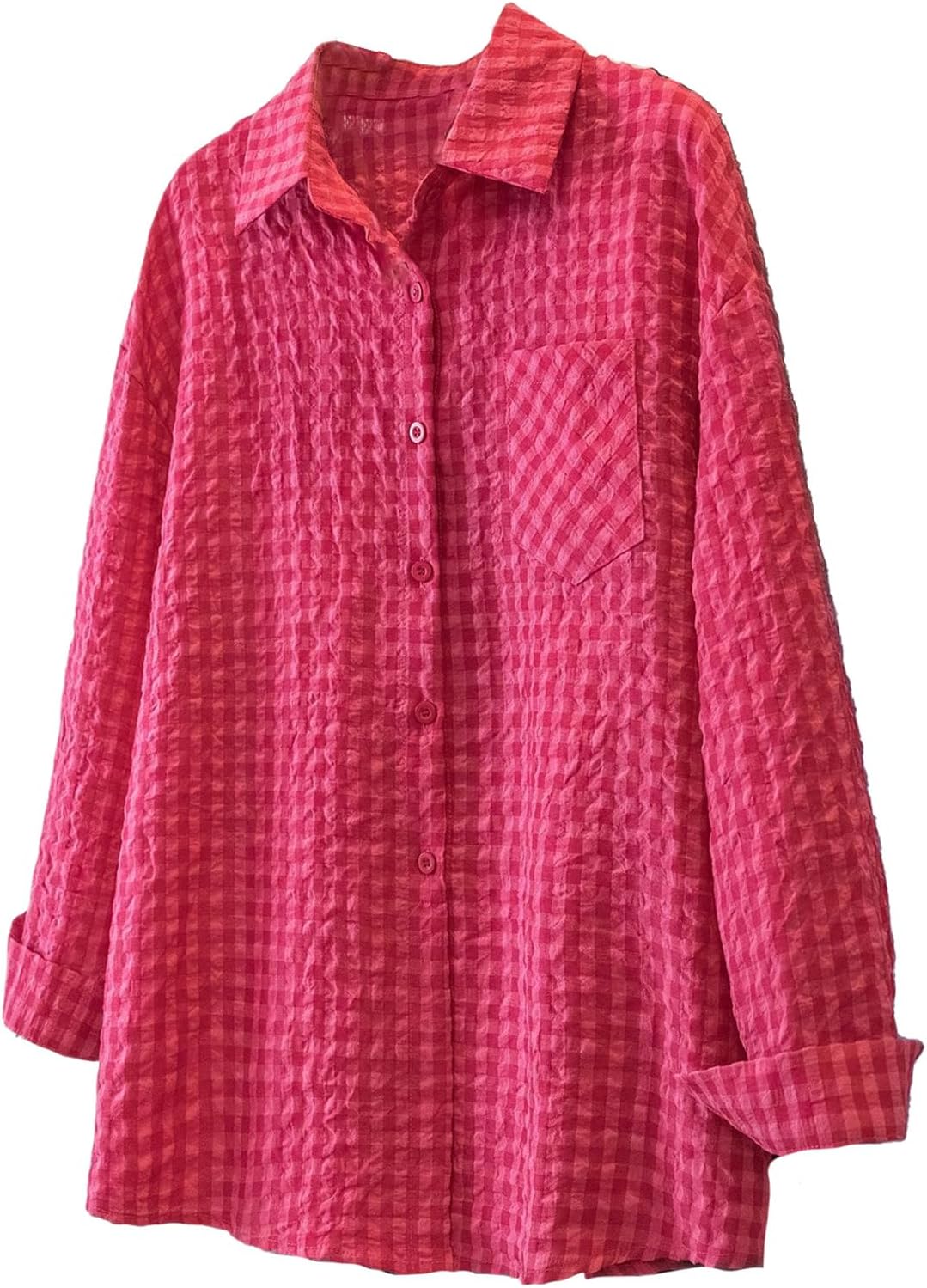 Verdusa Women's Gingham Plaid Button Down Blouse Long Sleeve Drop Shoulder Collared Shirts - Image 5