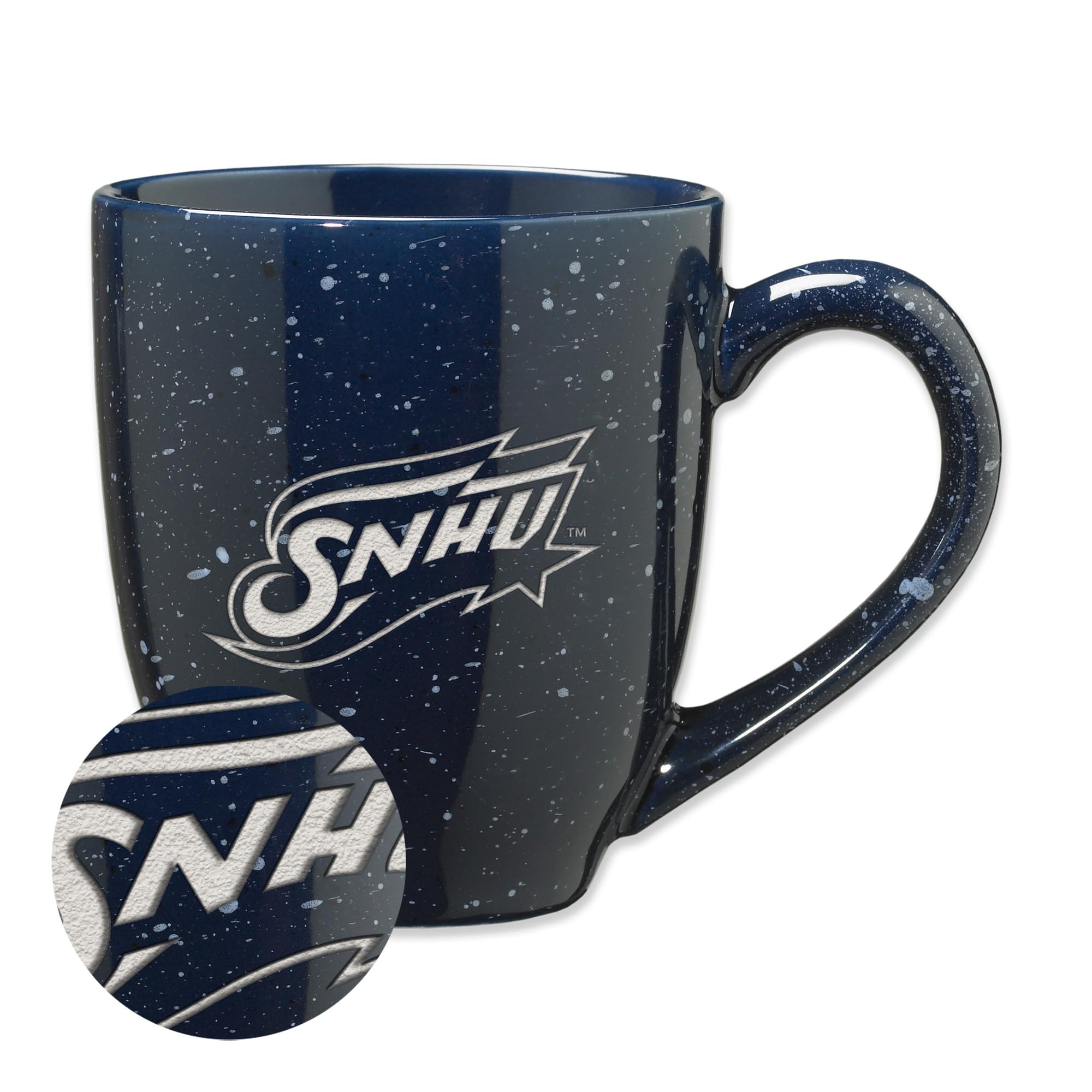 Rico Industries NCAA Southern New Hampshire Penmen Primary Logo Navy 16 oz Team Color Laser Engraved Speckled Ceramic Coffee Mug