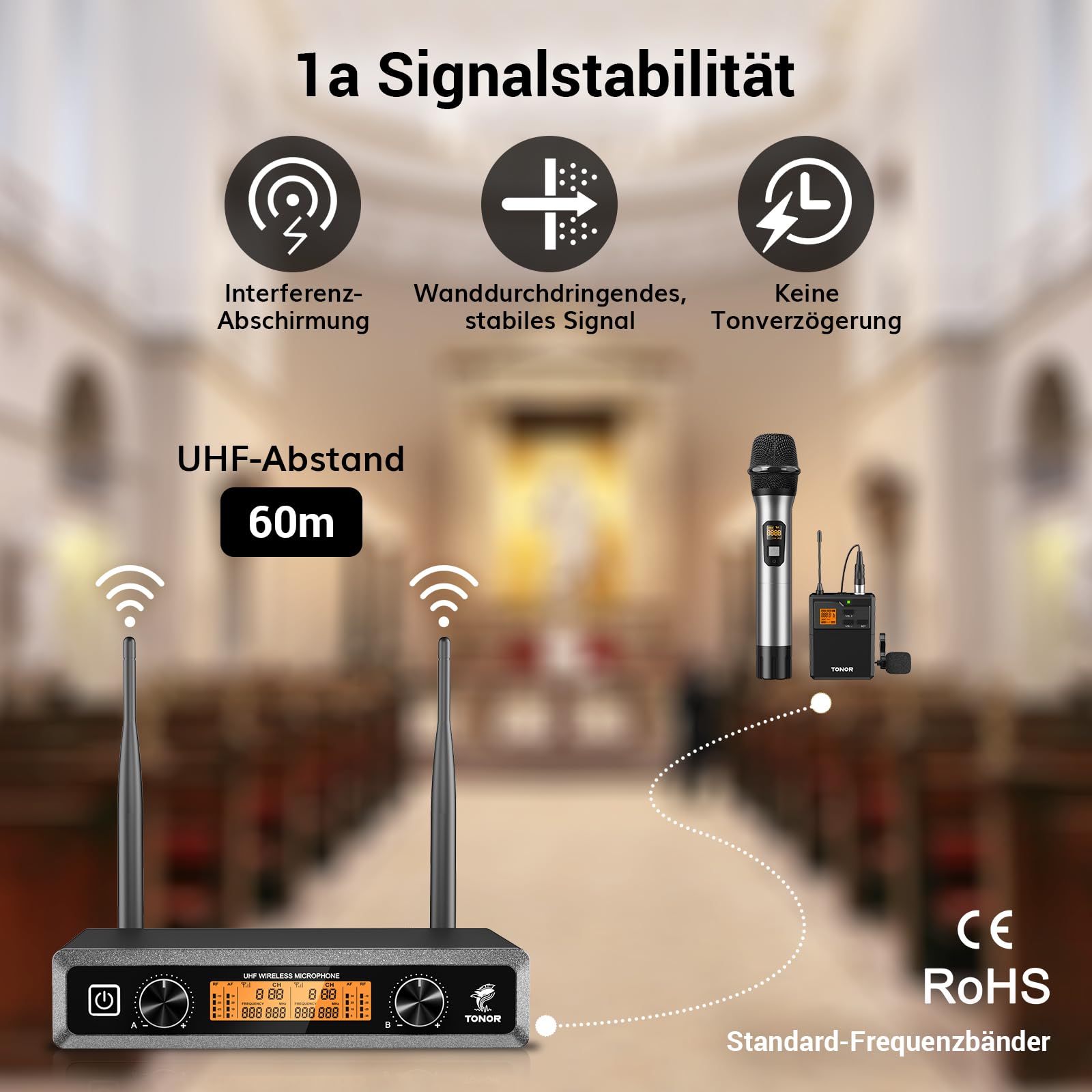 TONOR Duales UHF Mikrofon Kabellos Set mit Handmikrofon Bodypack Headset Lavalier, 2x5 Frequenzen 60 m Reichweite TW821