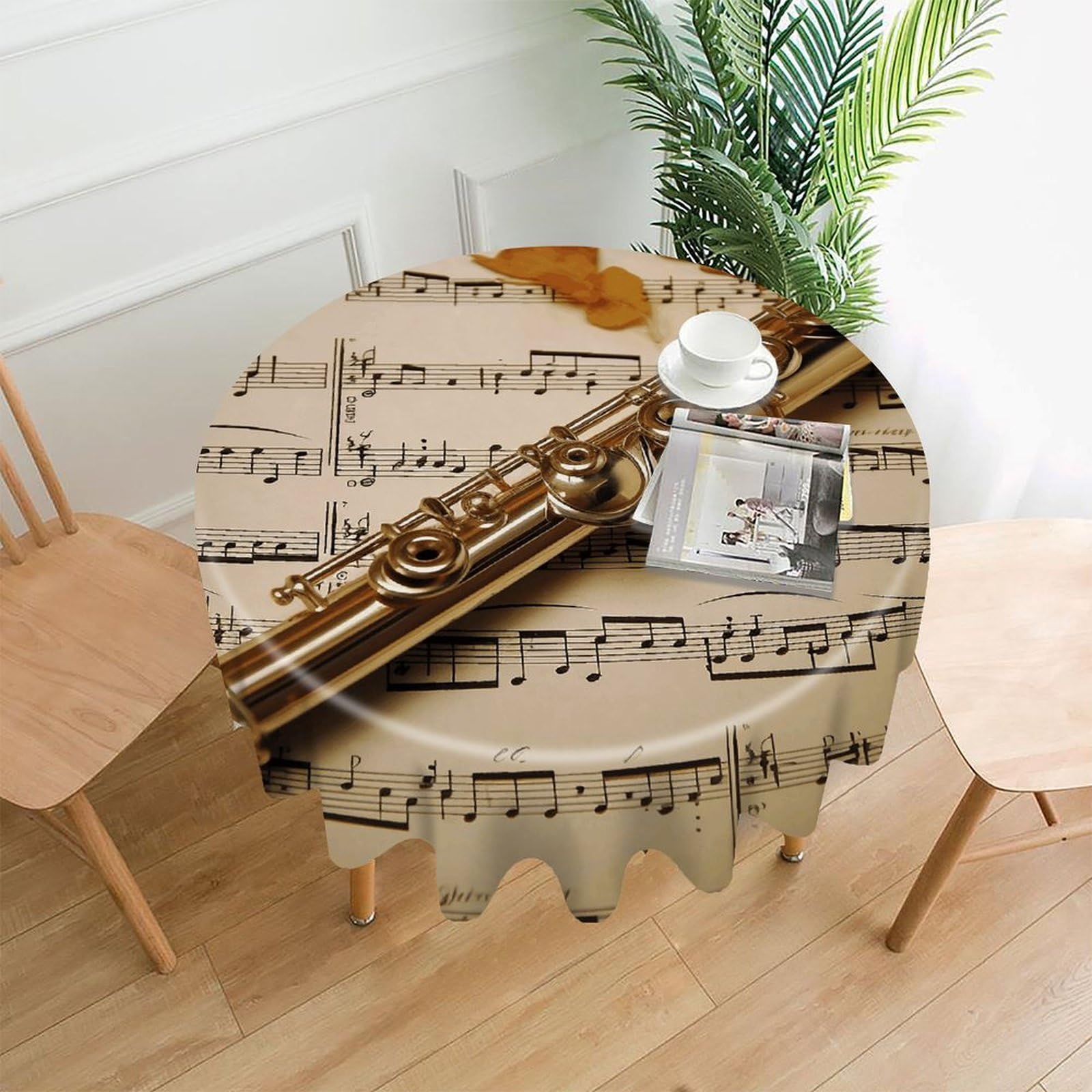 VstaDank Flute Music Tablecloth Easy to Clean Polyester Round Table Cover Washable Round Table Cloth Wrinkle-Free Circle Decoration Tablecloth for Kitchen Dining Room 60"