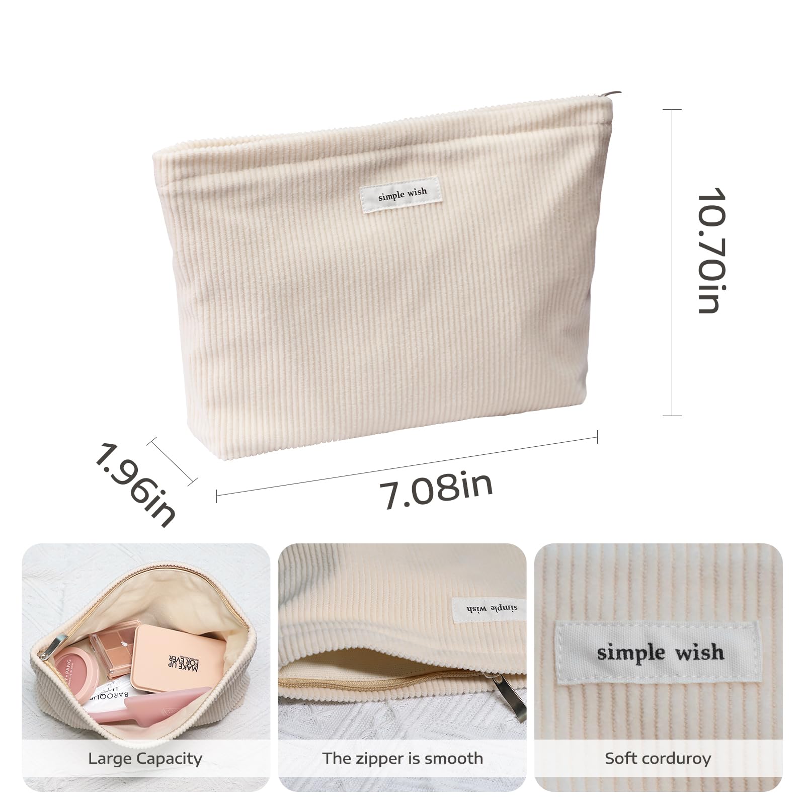 Wudygirl Travel Makeup Bag Large Capacity Cosmetic Bag for Women Corduroy Toiletry Bag Handbags Purses Zipper Pouch(Beige)