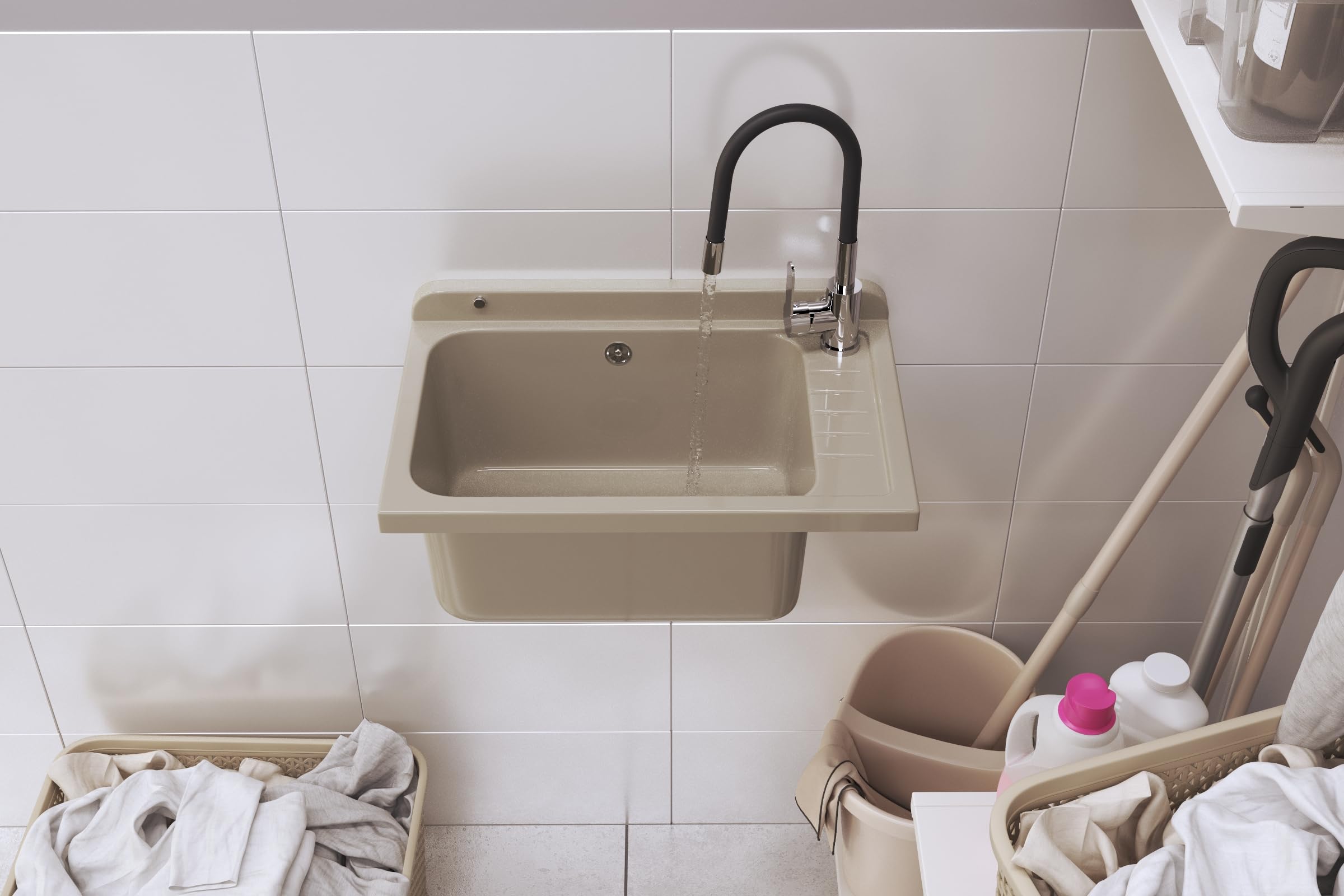 Granitan Ausgussbecken für Garage Keller Werkstatt und Waschküche - Universal Waschtrog mit Siphon - Waschbecken Wandmontage für Innen- und Außenaufstellung - 58x38x26,7 cm - Beige