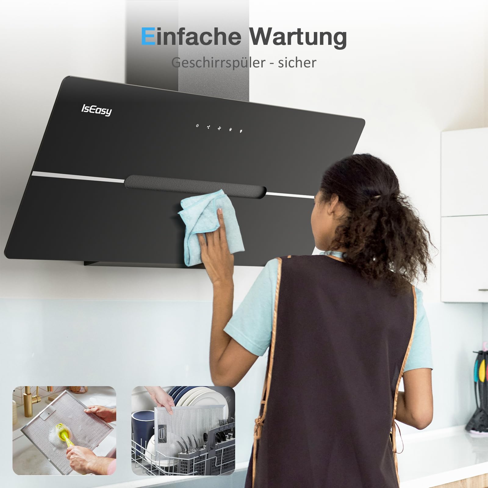 IsEasy Dunstabzugshaube 90 cm, Dunstabzugshaube Umluft mit 578 m³/h Starker Saugleistung, 3 Einstellstufen, Abluft/Umluft, Touch-Bedienung, 58 dB, Schwarz, Effizienz A++