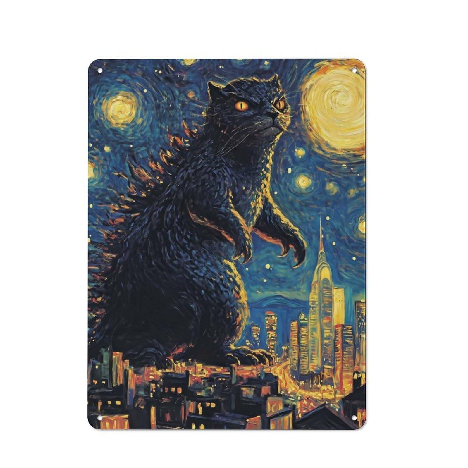 Tin Wall Sign with Catzilla Starry Night Design 40x30cm, Classic Diner Style Decor for Bakery, Diner, Cafe Or Family Room