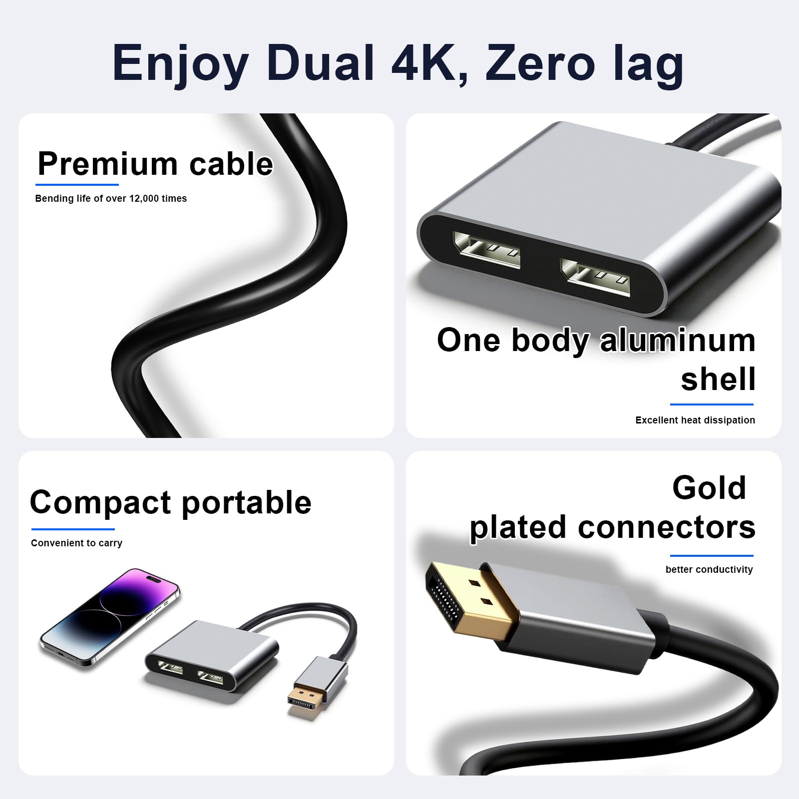 RUIZHI DisplayPort auf Dual DisplayPort Splitter Adapter – 4K@60Hz MST Hub, 1 Eingang zu 2 Ausgängen, unterstützt Erweiterungs- & Spiegelmodus, DP 1.4 Splitter kompatibel mit für PC, Laptop, Desktop