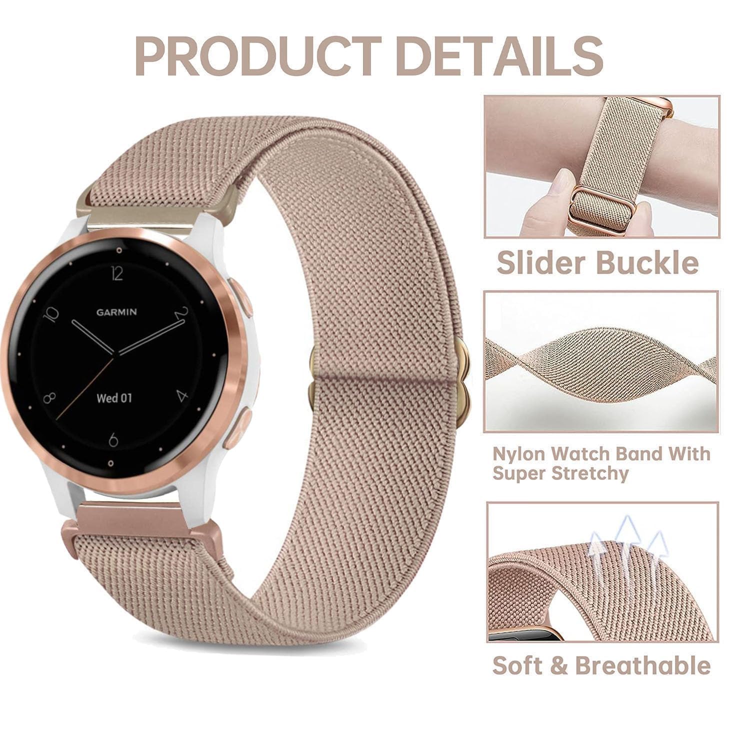 TUCOMO 2 Pack Stretchy Nylon & Silicone Watch Bands Compatible with Garmin Venu 2S/Venu 3S/Vivoactive 4S/Vivomove 3S, 18mm Loop Elastic Straps for Garmin Forerunner 255S/Forerunner 265S Women Men - Image 4