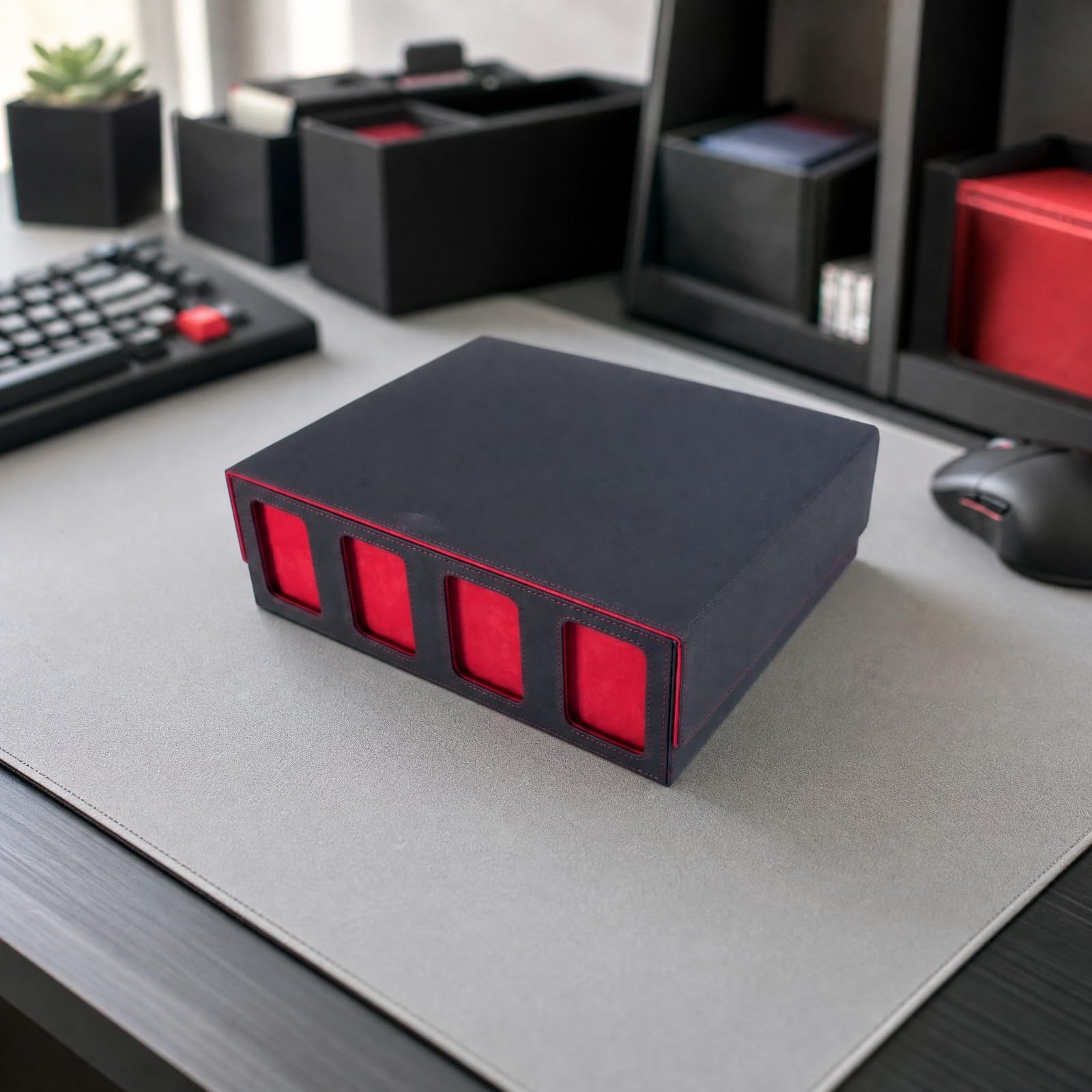 Organizador Tarjetas Ahorra Espacio Caja Cartas con Tapa Abatible y s Portátil, Negro+Rojo