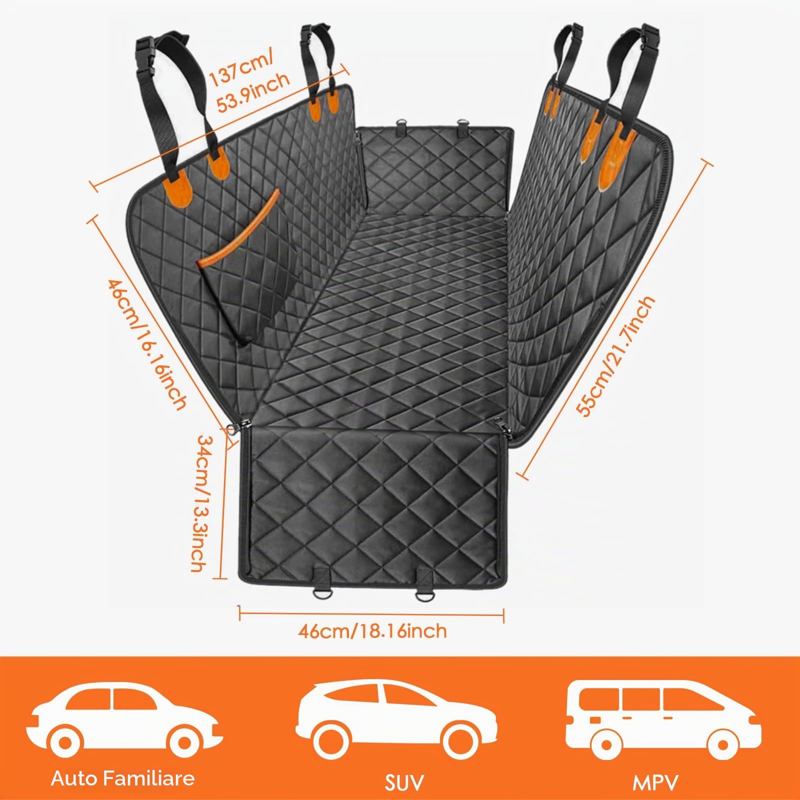 Windfromort Coprisedile Auto per Cani - Telo Auto per Cani - Telo Cane Auto Sedili Posteriori, 137×147cm Oxford Impermeabile, Antiscivolo con Cinturini Elastici Per Sedili Posteriori (Nero)