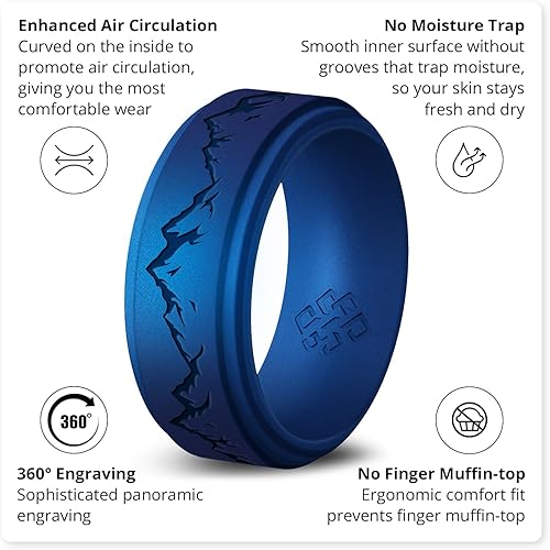 Miniatura 4 de Knot Theory Anillo de silicona para hombre, grabado de montaña, ondas, bosque, ancho de banda de 0.315 pulgadas, transpirable, ajuste cómodo