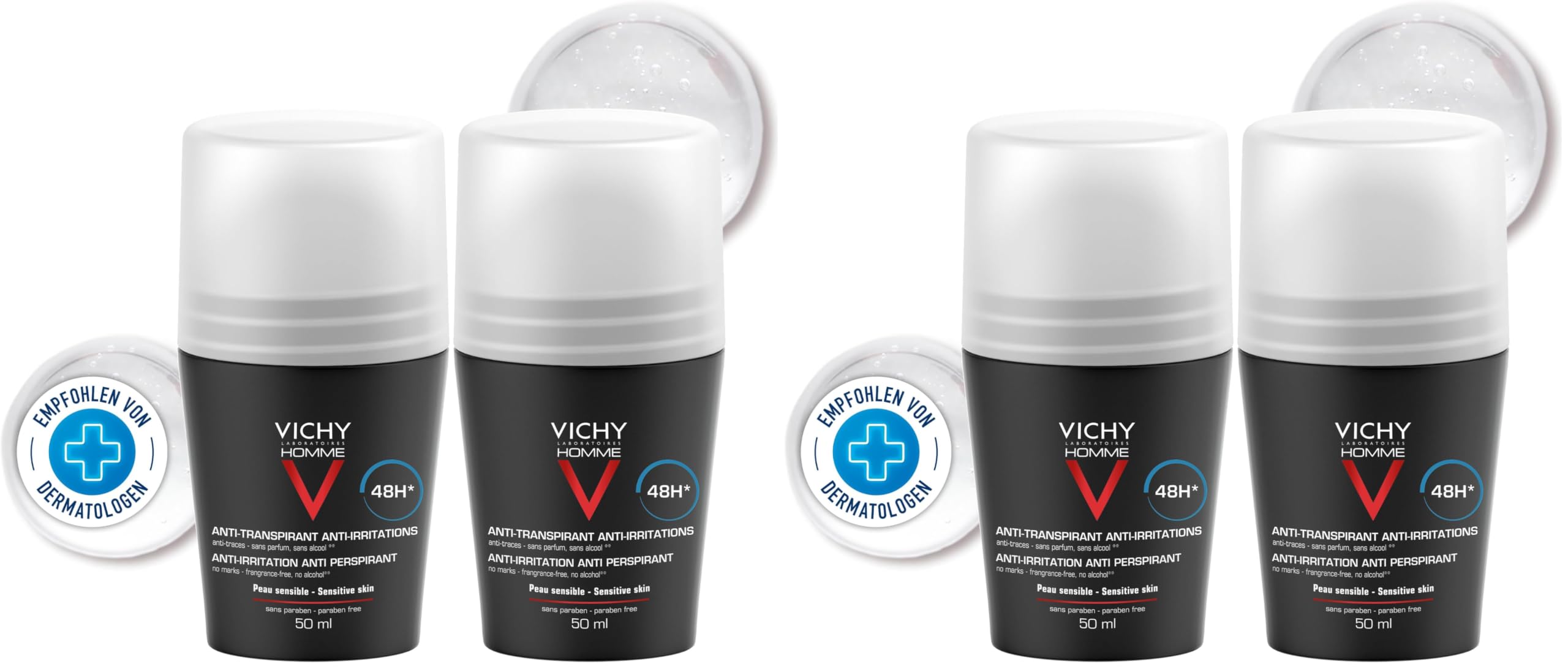 Vichy Homme Anti-Transpirant 48H Roll-On für empfindliche Haut, Deo-Roll-on für Männer, Hautberuhigend und geruchshemmend, mit Oligo-Zink und Thermalwasser aus Vichy, Für empfindliche Haut, 2x50 ml