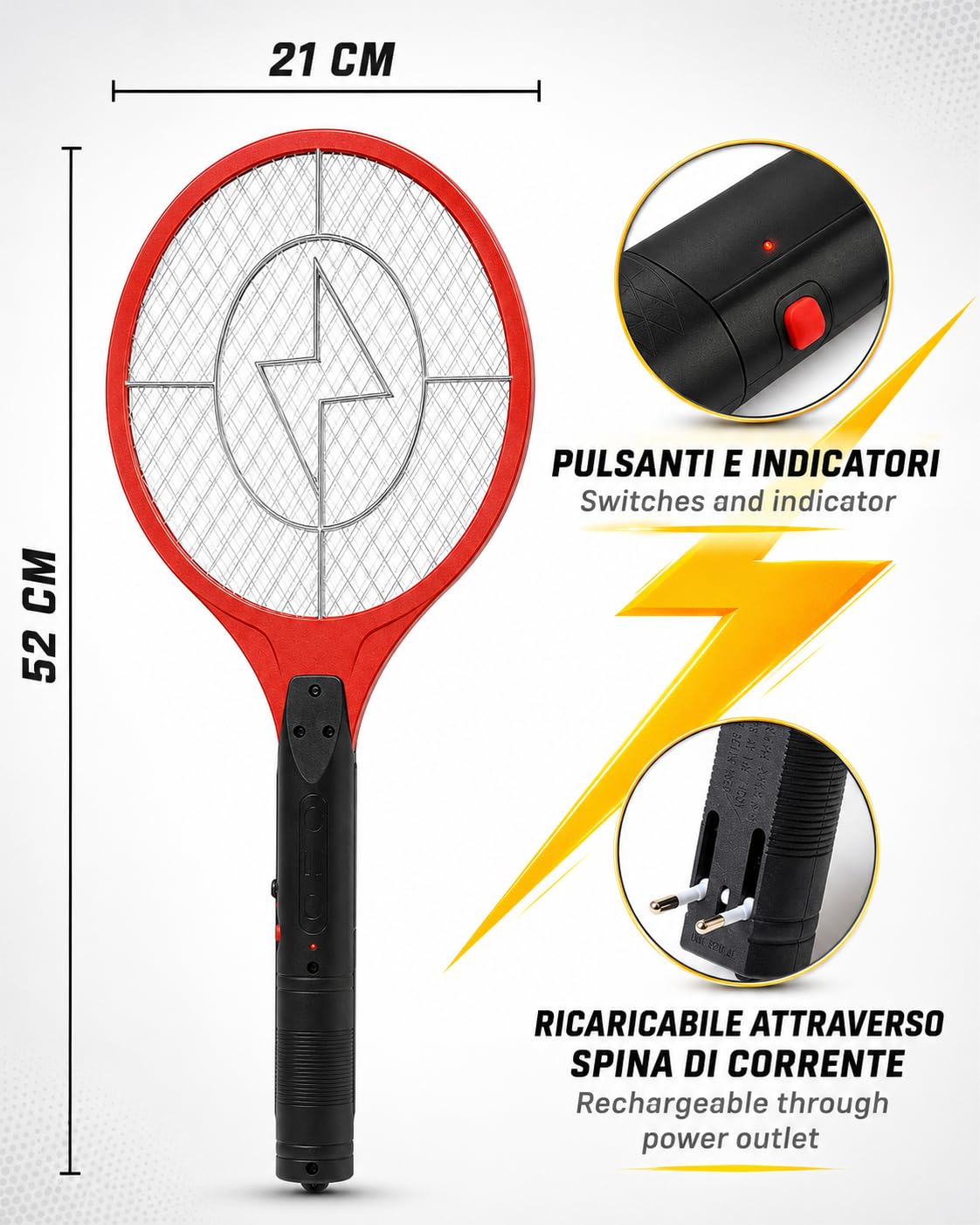 IPEA Elektryczna rakieta na komary duża - 21 cm x 52 cm - SUPER LEKKA - Ładowanie z wtyczką ścienną - rakieta błyskawica muchy i latające owady do domu, ogrodu, na kemping - przenośny