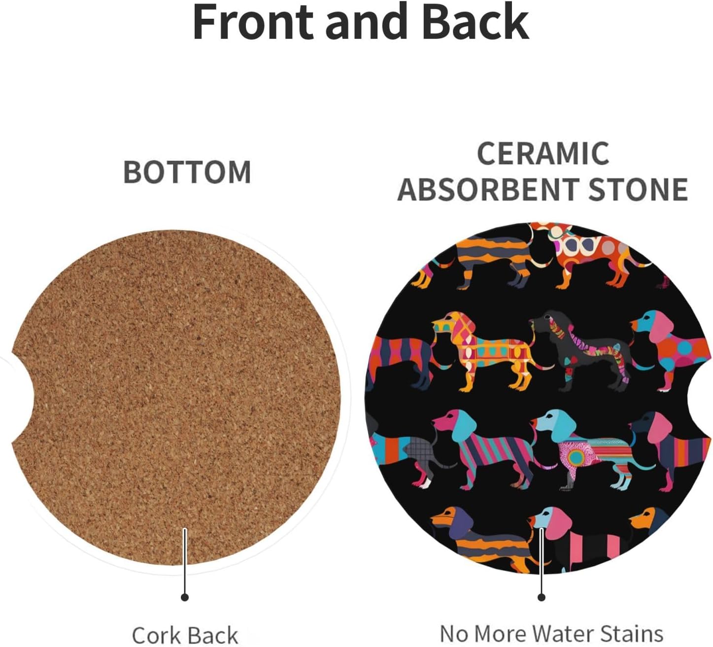 2 Pack Colorful Dachshund Car Cup Holder Coasters, 2.56 Inch Anti Slip Ceramic Absorbent Coaster with Cork Base and Finger Notch Car Accessories Interior for Women & Men