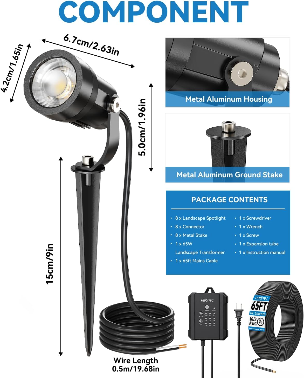 HIBOITEC All-in-One Low Voltage Landscape Lighting Kit, 5W LED Landscape Lights with Transformer and 65FT Wire, Waterproof Outdoor Spot Lights for Pathway Yard Garden, 2700K, 8 Packs