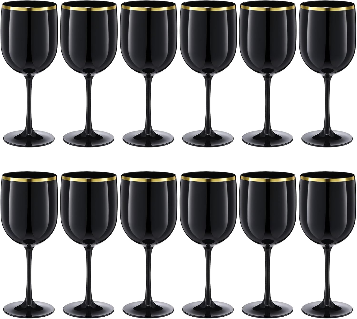 Layhit 12 Pcs Plastic Black Wine Glasses with Gold Rim 16