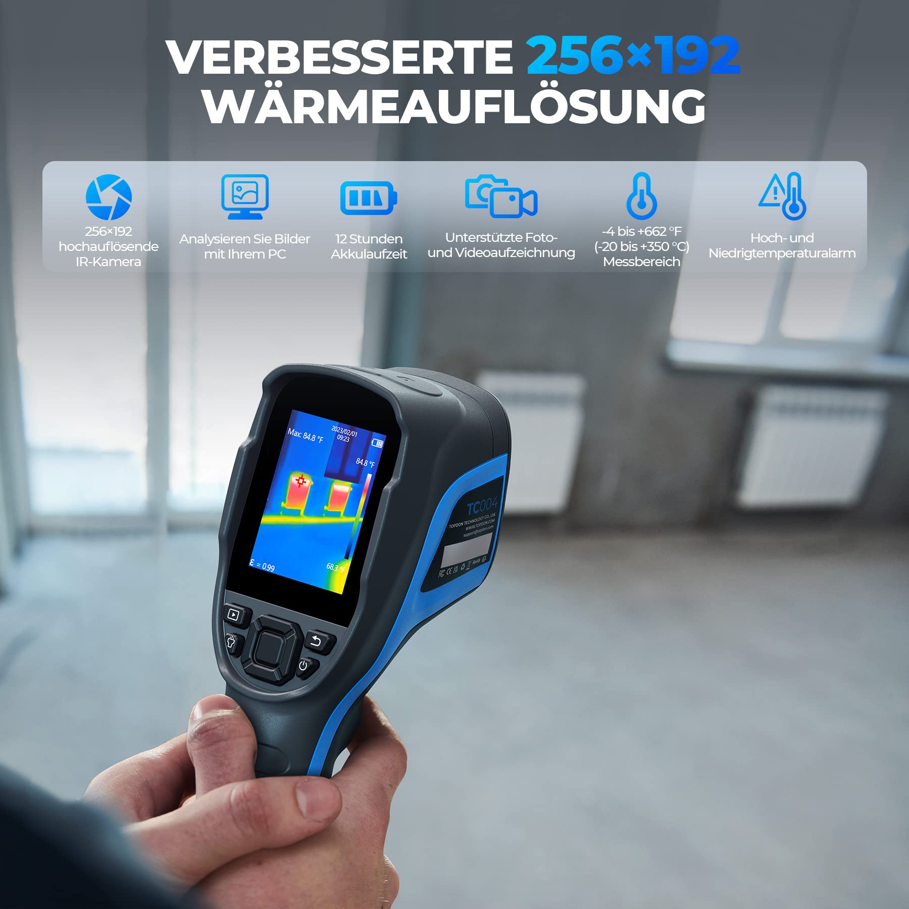 TOPDON Wärmebildkamera TC004, 256x192 IR Auflösung, Professional Handheld Infrarotkamera Tragbare Thermokamera mit PC-Analyse & Videoaufzeichnung Unterstützt, 16GB SD-Karte, 12 Stunden Akkulaufzeit