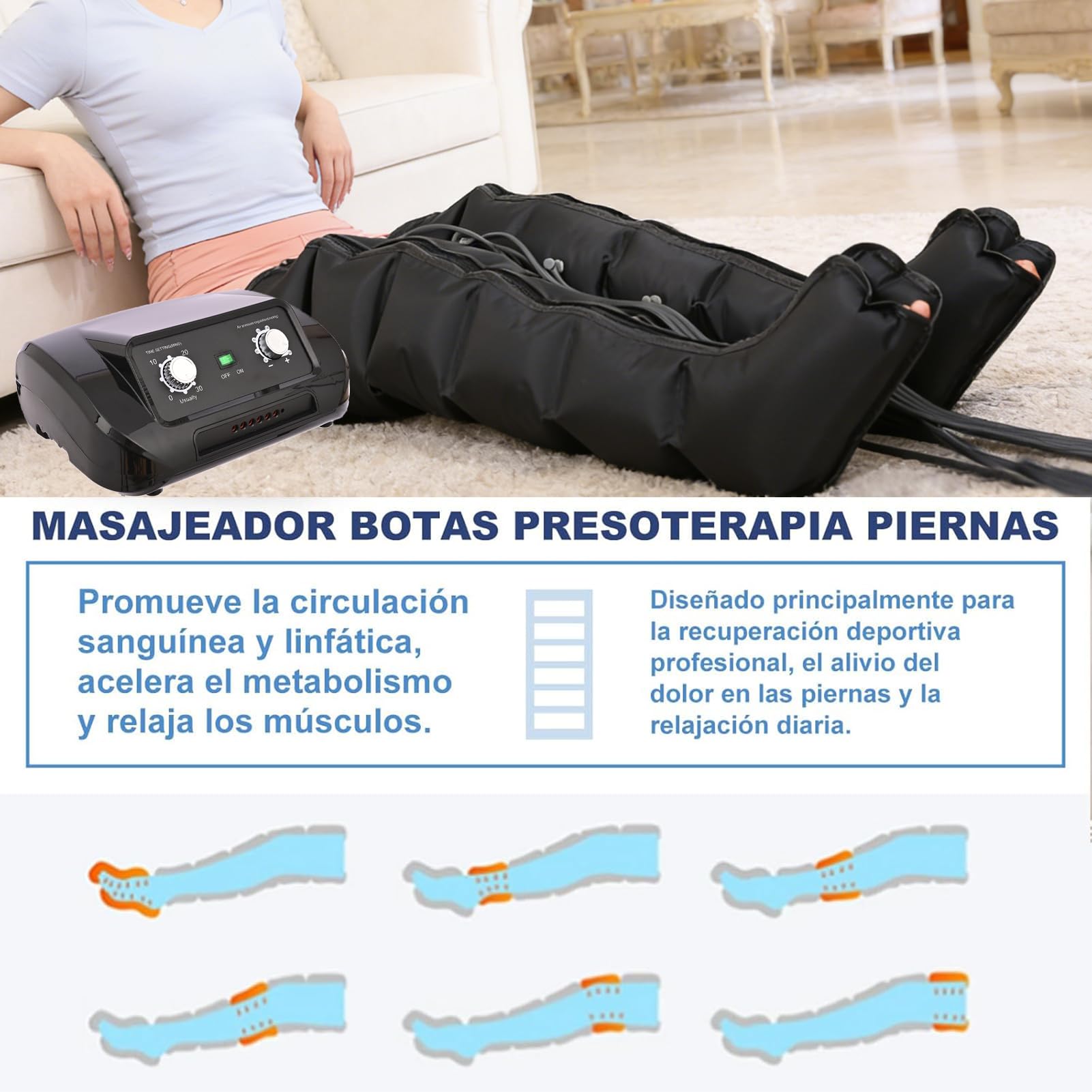 Pressoterapia Linfodrenaggio Professionale 6 Camere d'Aria Macchinario Pressoterapia Gambe e Braccia Addome Glutei per Casa, Apparecchio Pressoterapia,Massaggio Linfodrenante,Pression Réglable