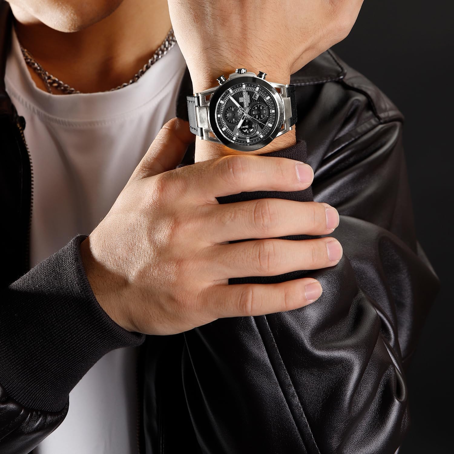 NAVIFORCE Men Sport Chronograph Watches,with Calendar Quartz Mens Waterproof Wrist Watches, Genuine Leather Strap,Gifts for Man - Image 3
