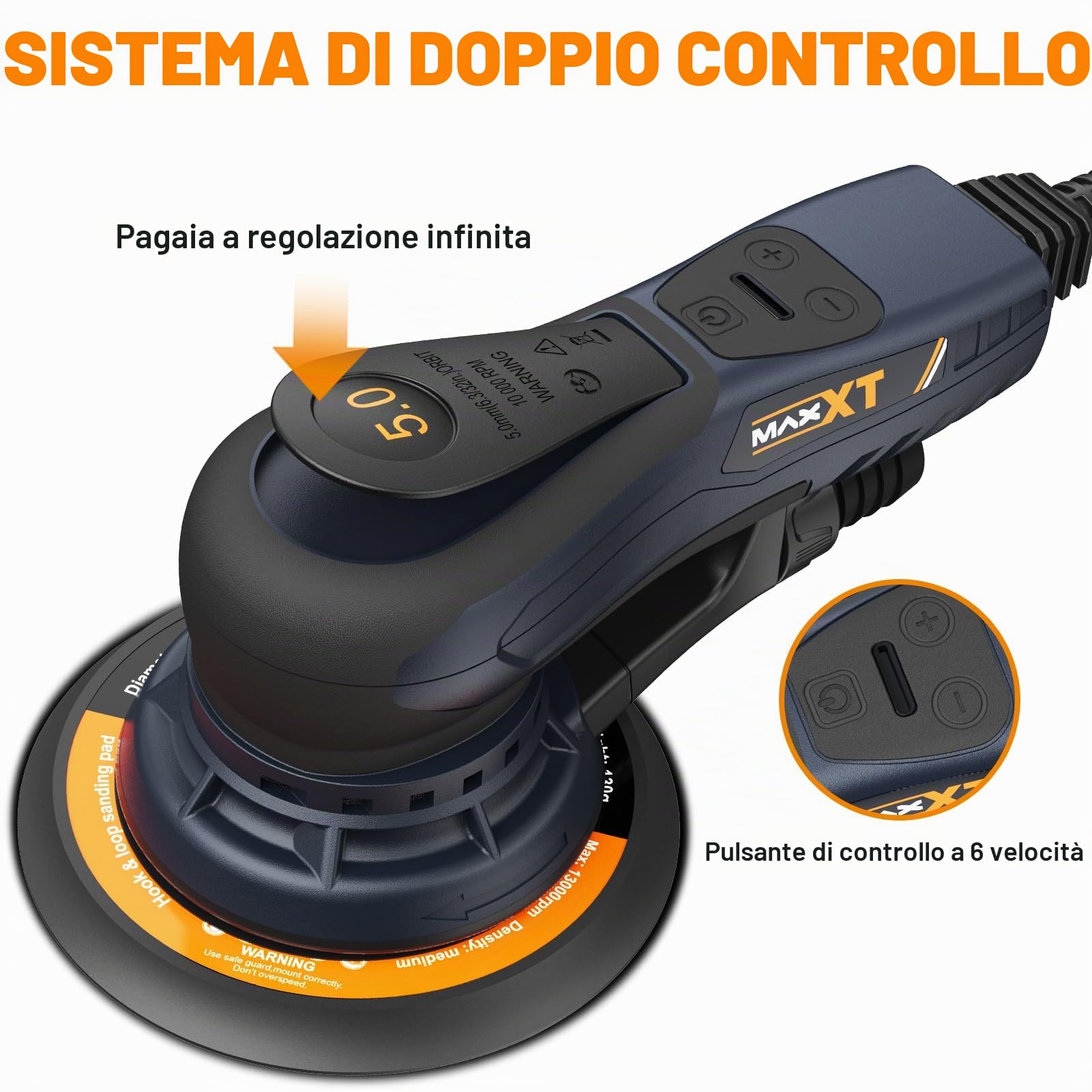 Smerigliatrice elettrica MAXXT senza spazzole da 350 W - Levigatrice orbitale 5.0 con dischi da 150 e 125 mm, attacco a tre punti, 4000-10000 giri/min (6 livelli), con 20 fogli