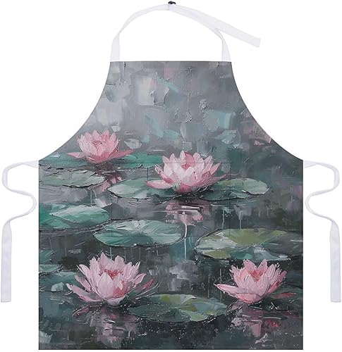 Miniatura 7 de MUSM Apron for Adults - 27.6 X 31.5 Inch, Heavy-Duty Polyester Aprons with Two Large Pockets, Waterproof Peach Water Lily Painting Kitchen Apron for