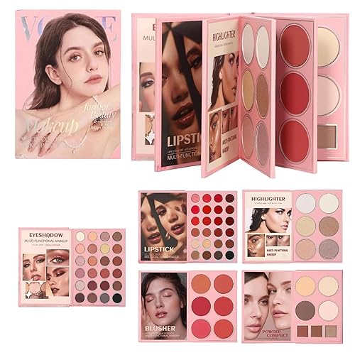 Paleta de libros de maquillaje, kit de cosméticos estilo libro de 5 capas con sombra de ojos, rubor, brillo de labios y resaltado, juego de paleta