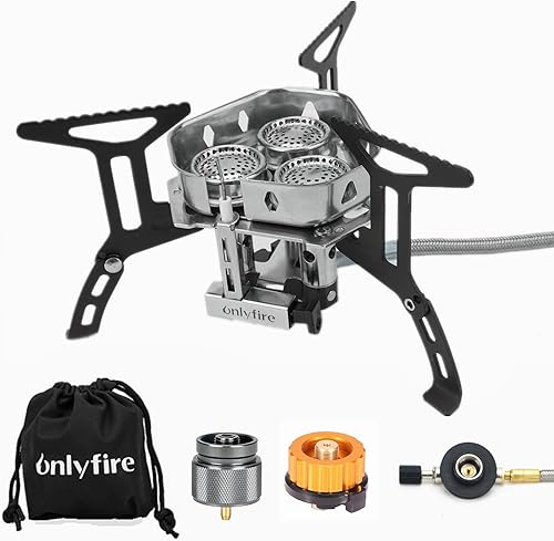 ONLYFIRE OUTDOOR LIVING Estufa de gas portátil para acampar de 6800 W, pequeña estufa de mochilero con adaptador de gas propano, mini estufa de