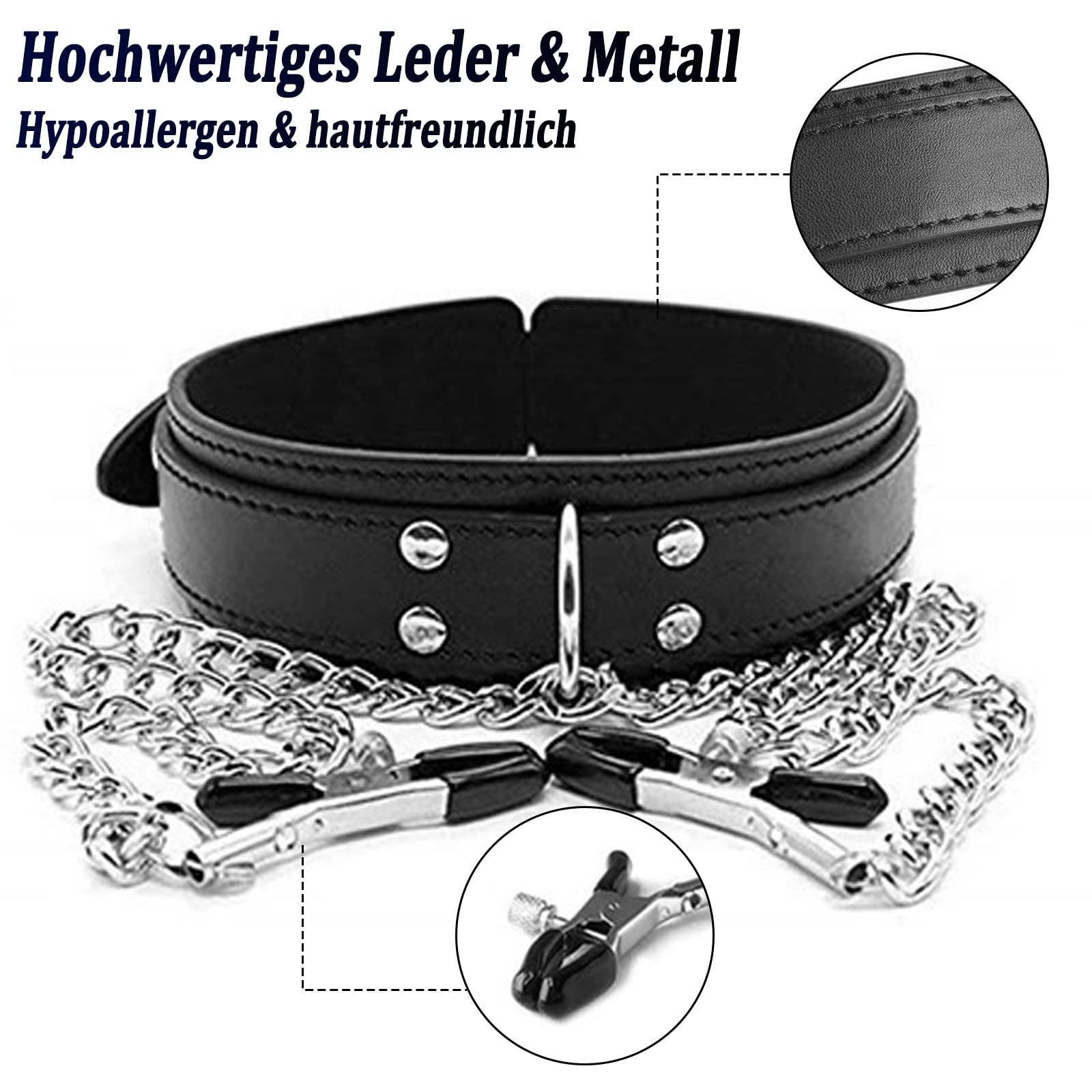 BDSMYEE Pinces à Tétons Réglable Bondage Collier + 4 Métal Pinces à Tétons, Pinces à Seins avec Chaîne Sextoys Adultes pour Femmes Hommes Couples