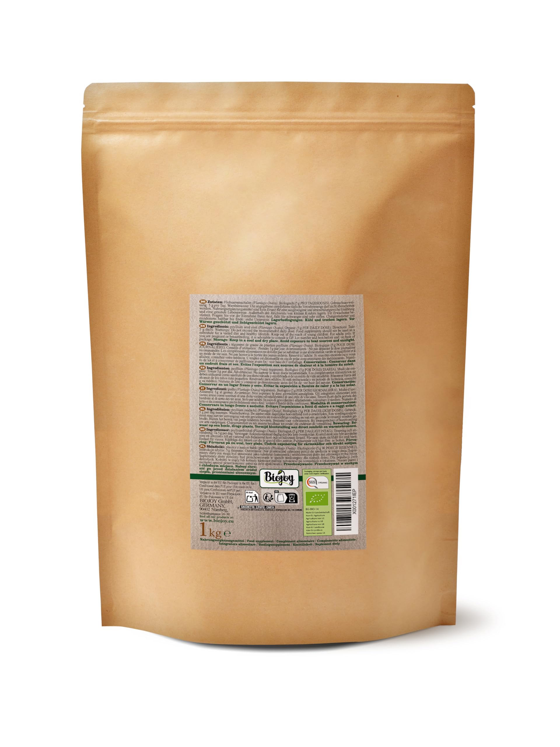 Biojoy Enveloppes de psyllium BIO (1 kg), 99% de Pureté, Psyllium Husk (Plantago ovata)