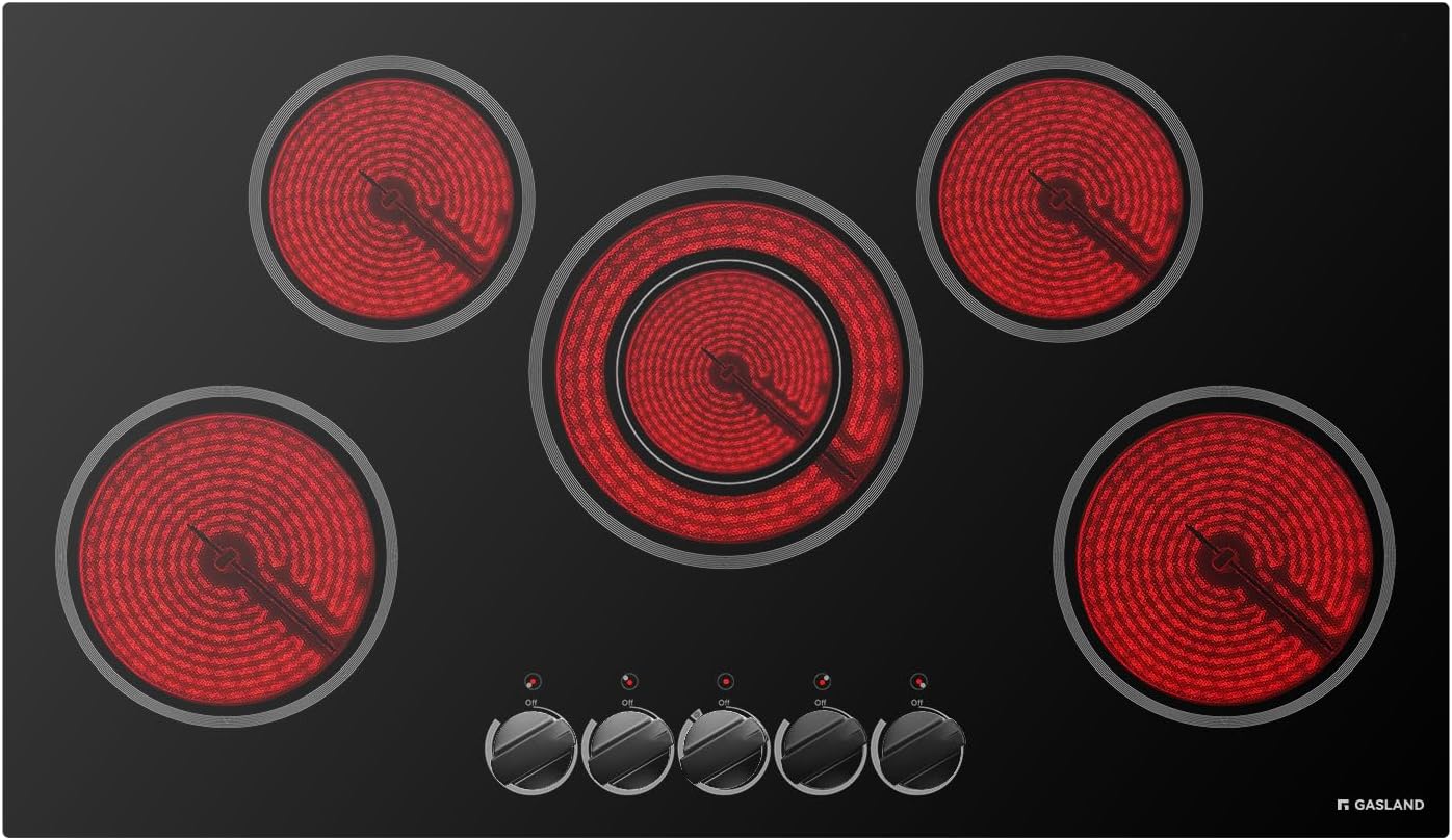 GASLAND Electric Cooktop 36 Inch, 8200W Drop-in Radiant Glass Stove Top CH90BS with 5 Burners, 220-240V Ceramic Electric Stovetop, 7 Power Levels, Mechanical Knob Control, Hot Warning, Hard Wire