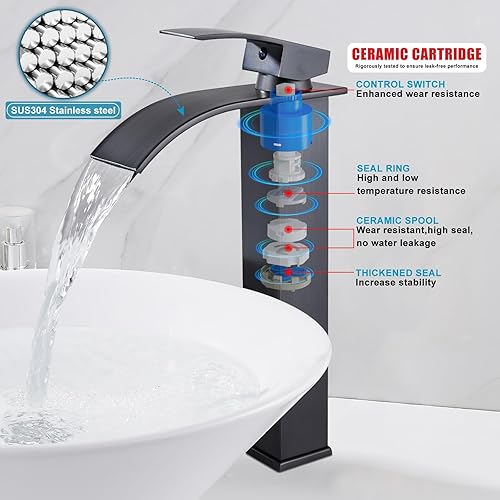 Miniatura 3 de Midanya Grifo alto de bronce aceitado con cascada para lavabo de baño, grifo alto de una sola manija, montaje en cubierta de 1 agujero con boquilla