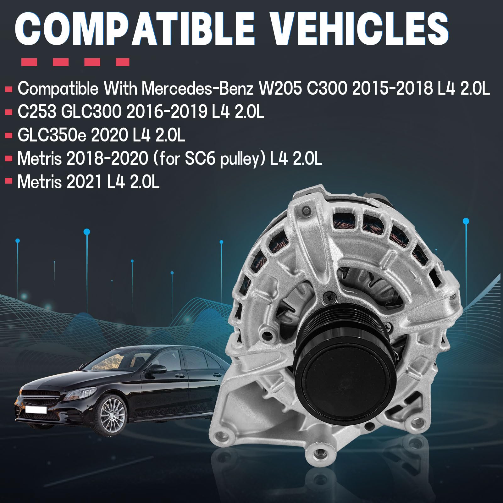 A-Premium Alternator For Mercedes C400/E400/GLE400 Etc. (V6 3.0L) - 14V 200A, 6-Groove Pulley, CW