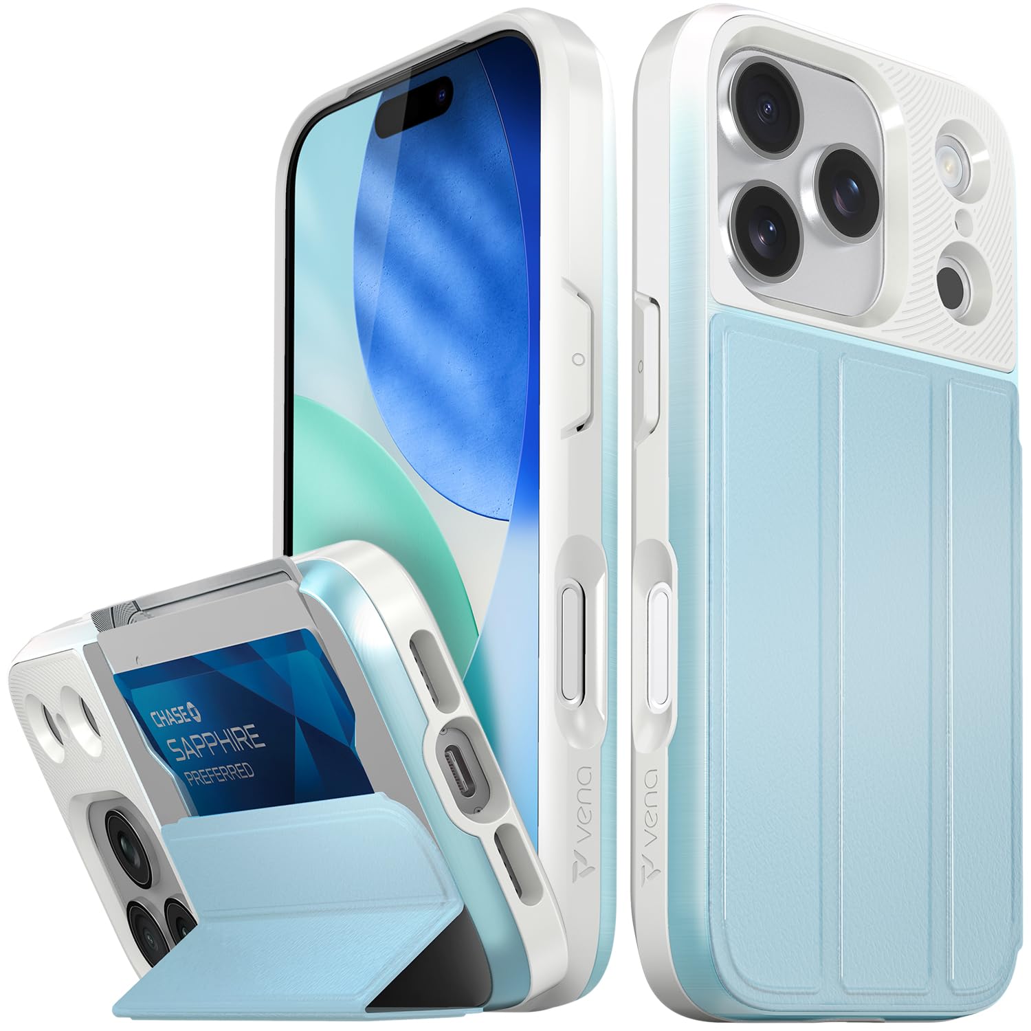 VENA vCommute for iPhone 17 Pro Wallet Case, [Military Grade Drop Protection] Flip Leather Cover Slot Card Holder with Kickstand - Pastel Blue