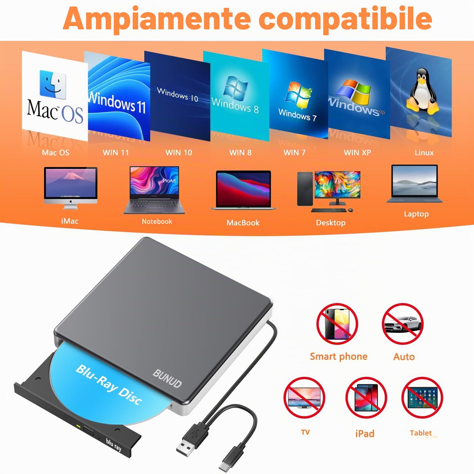 Blu-Ray Masterizzatore Writer CD DVD USB 3.0 & Type-C 2 slot USB & SD/TF, ottico 3D BD per PC Laptop Windows 11/10 Mac