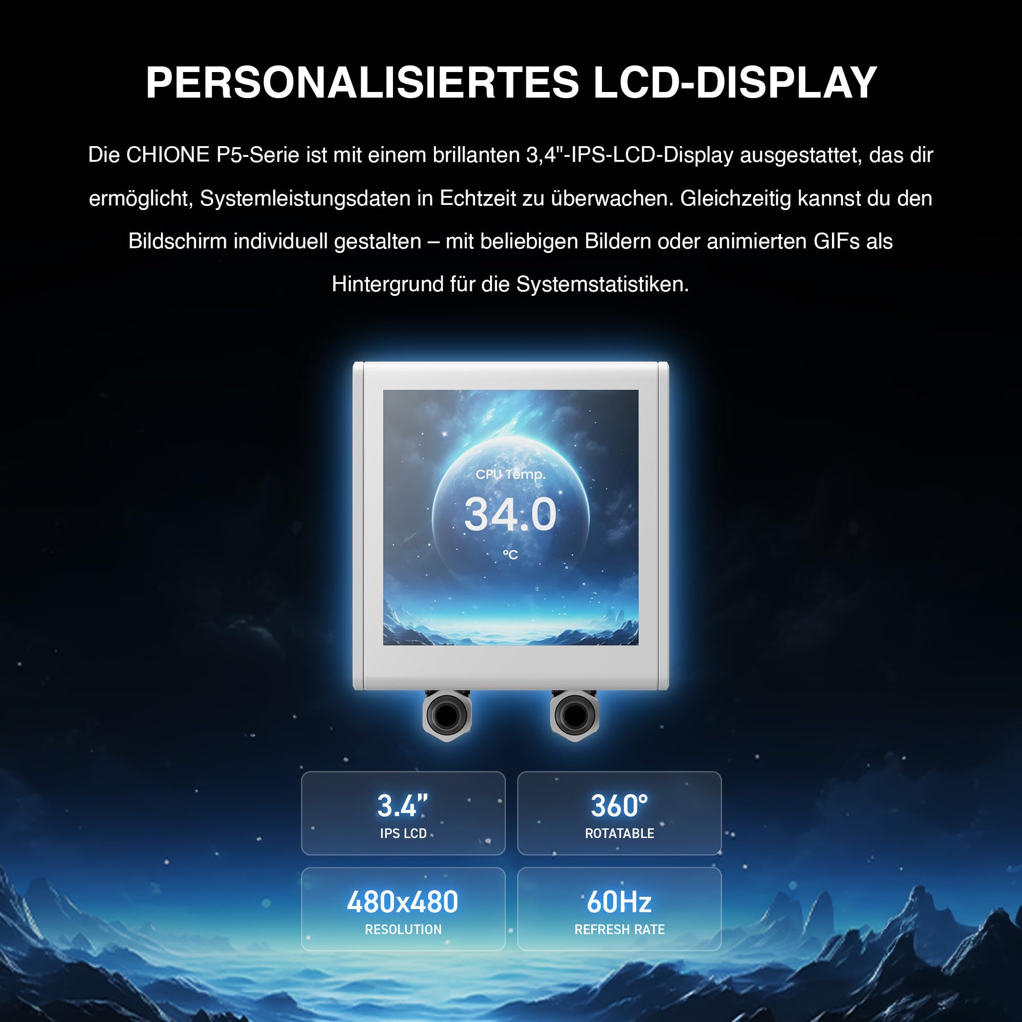 GAMDIAS CHIONE P5 360-mm-AIO-CPU-Wasserkühler, Drehbares Magnetisches 3,4-Zoll-IPS-LCD-Display, Anpassbare Software, Verstecktes Kabeldesign, ARGB-PWM-Lüfter, MB Sync, Intel LGA 1851, AMD AM5, Weiß
