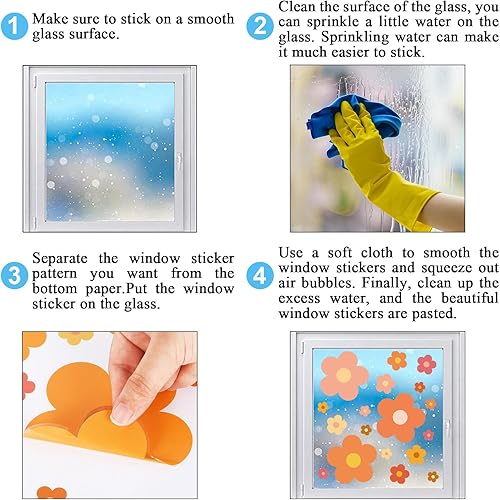 Miniatura 7 de Whaline 9 hojas de calcomanías bohemias para ventana, diseño de flores hippie retro groovy, retro, para ventana, de doble cara, coloridas flores,