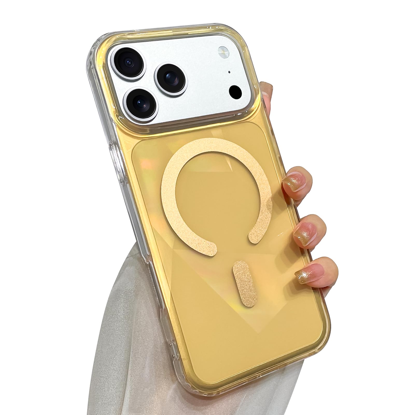 SAKUULO Custodia magnetica per iPhone 17 Pro Max, compatibile con Magsafe, trasparente glitterata iridescente, scintillante, arcobaleno, custodia protettiva antiurto per donne e uomini, arancione