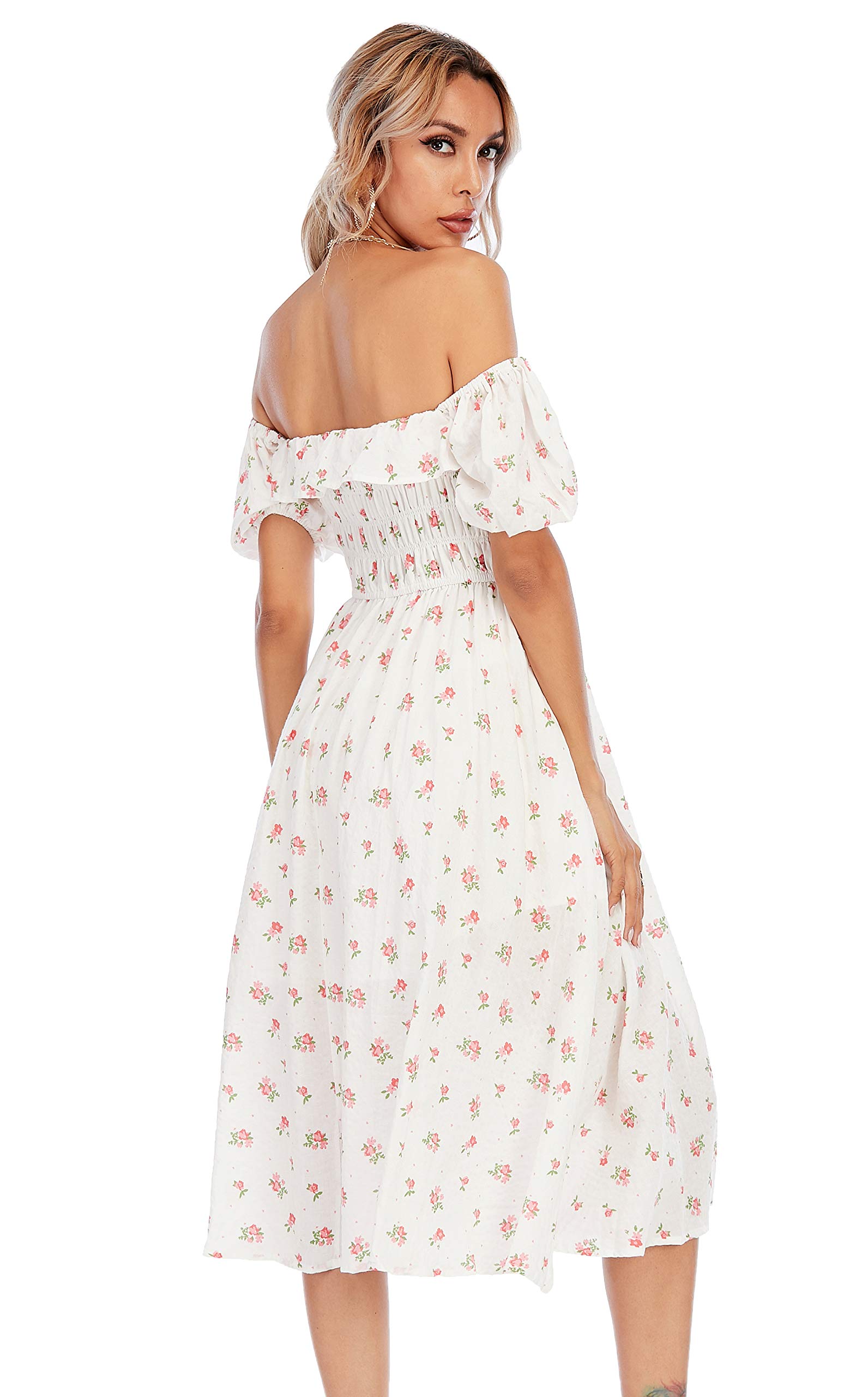 R.Vivimos Damen Casual A-Line Print Vierkant Puff Ärmel Kleid Saum Hohe Taille Midi Fitted Kleid Berufskleid