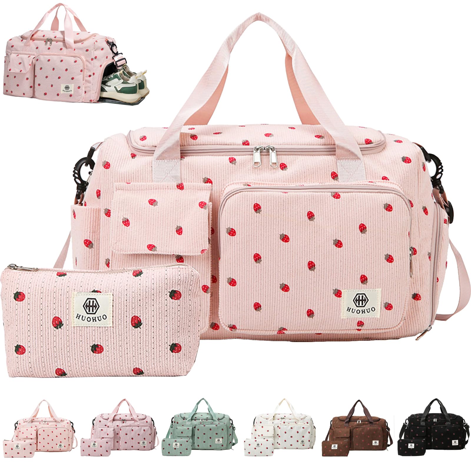 AUNGKWANG Corduroy Strawberry Travel Duffel Bag Set, Dance Bags for Girls with Little Strawberry Wallet, Sports Bags Women Foldable Gym Sports Bag