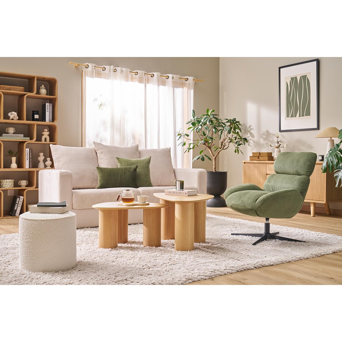 Miliboo Runder Sitzhocker aus Stoff in Wolloptik, weiß, Durchmesser 40 cm Paul