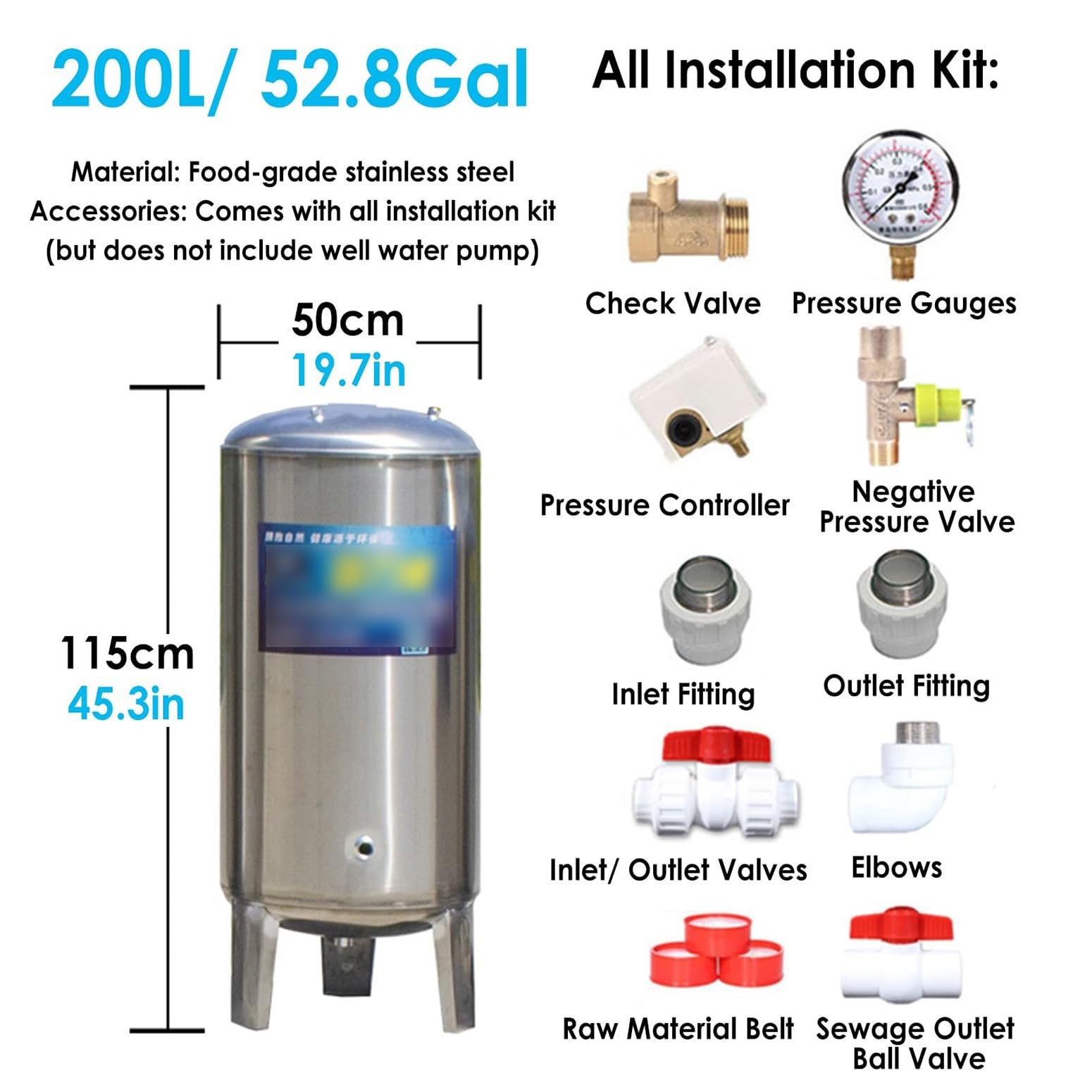 Ausdehnungsgefäß Trinkwasser Wasserdruckbehälter aus Edelstahl 304 – Automatische Wasserförderung – Druckschalter & Manometer – Geschlossener Tank 60L–400L(200L/53Gal)