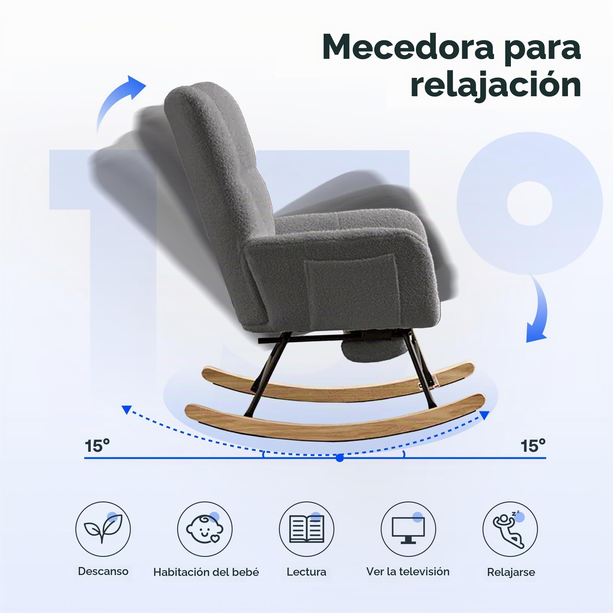 FLEXISPOT Silla Mecedora con Respaldo Alto y Reposapiés – Sillón Balancín Moderno con Patas de Madera, Sillón Acolchado para Salón y Dormitorio, Soporta hasta 120 kg, Gris