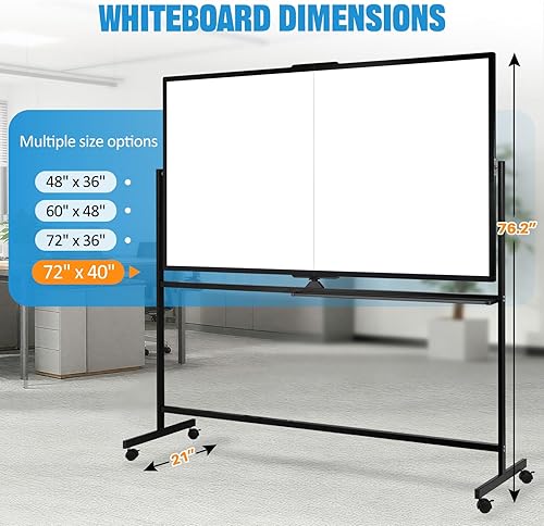 Miniatura 6 de Pizarra blanca móvil de doble cara de 72 x 40 pulgadas con soporte, pizarra blanca grande de borrado en seco sobre ruedas para oficina, aula y hogar