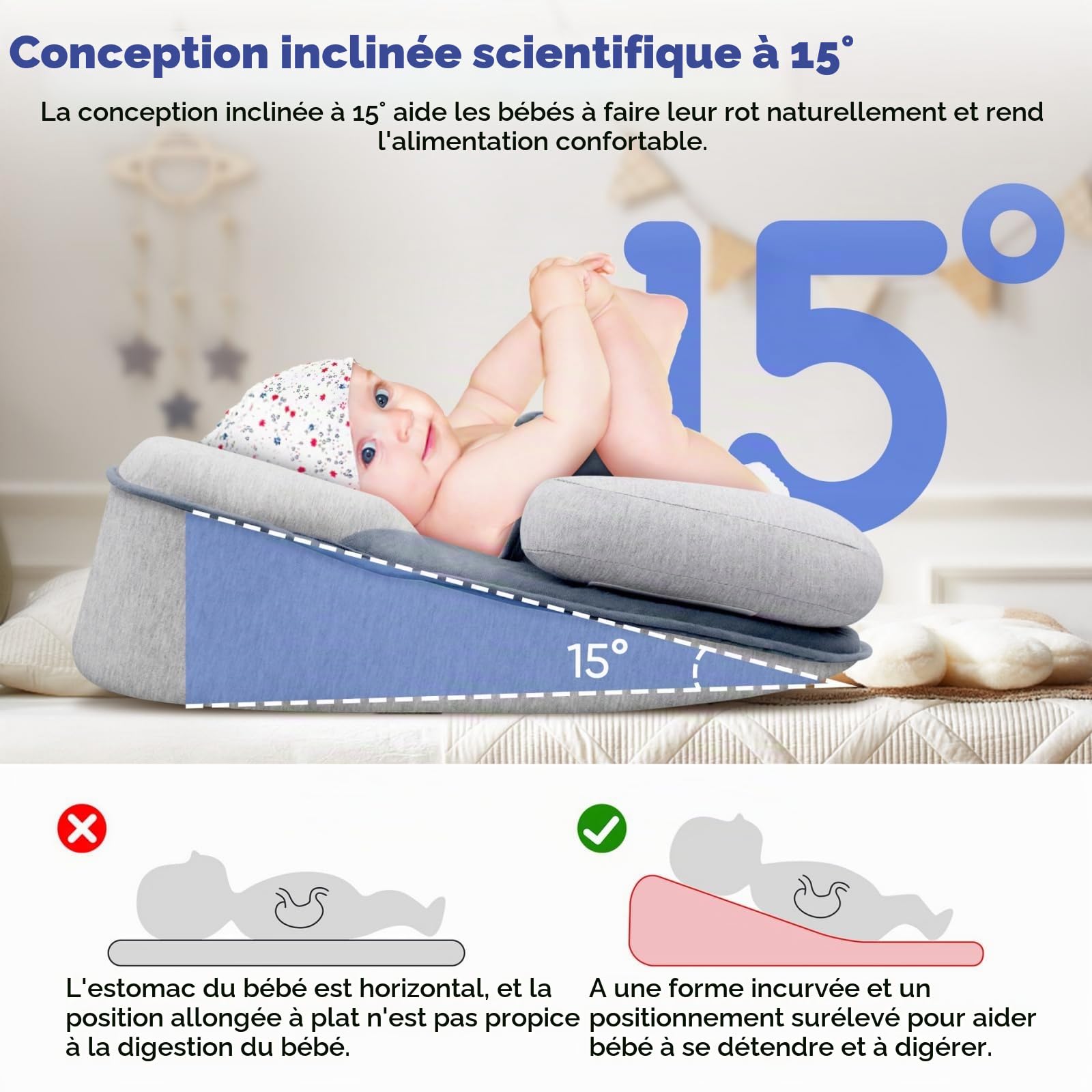 Coussin de Repos pour bébé, Inclinaison à 15°, Housse en Modal Respirant, prévient Les régurgitations, Convient aux Nouveau-nés et aux Tout-Petits (Grand modèle : 65 x 40 x 30 cm).