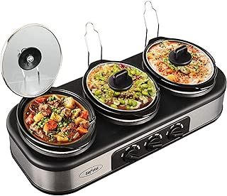 Triple Slow Cooker with Non-Skid Feet, 3×1.5 QT Slow Cooker Buffet Server, 3 Pots Food Warmer Adjustable Temp Lid Rests Stainless Steel Manual Silver for Parties Holidays Families
