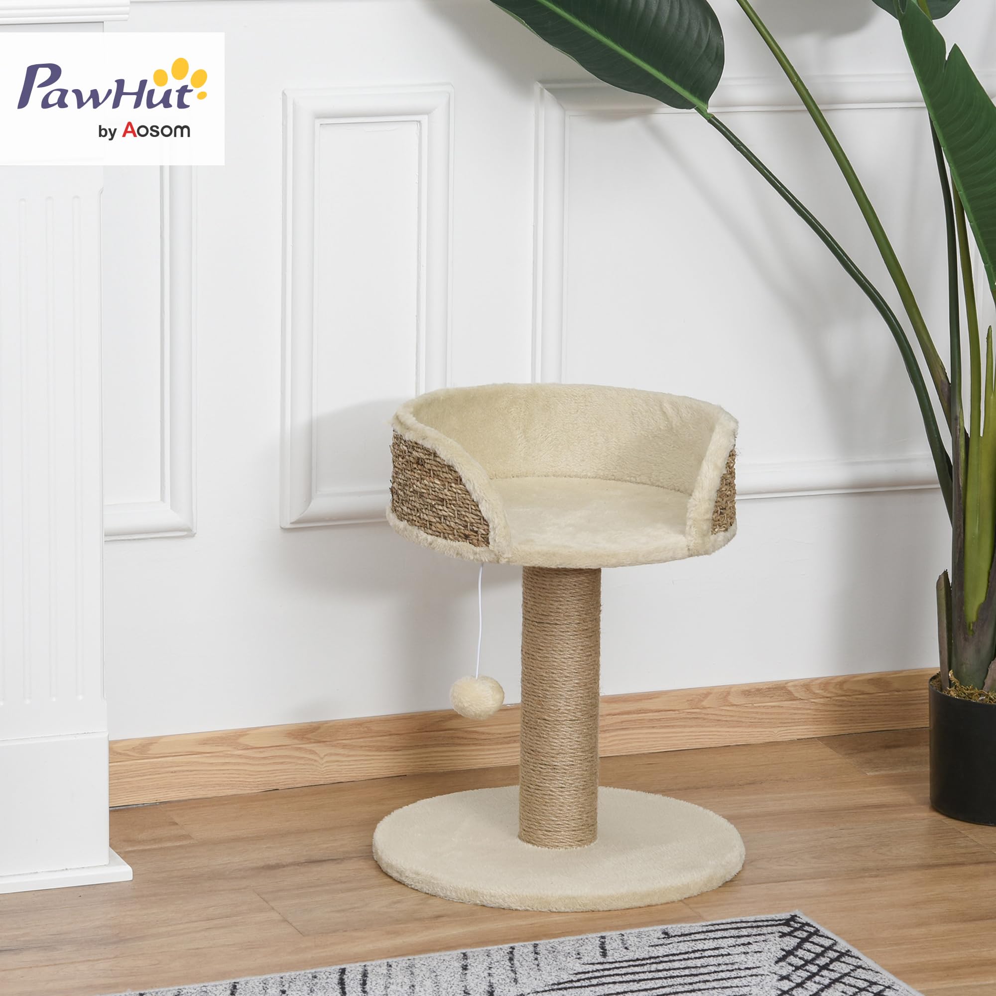 PawHut Albero Tiragraffi per Gatti Adulti e Gattini, Trespolo con Lettino per Gatti, Palo in Juta e Pallina Appesa, 40x40x49cm, Beige